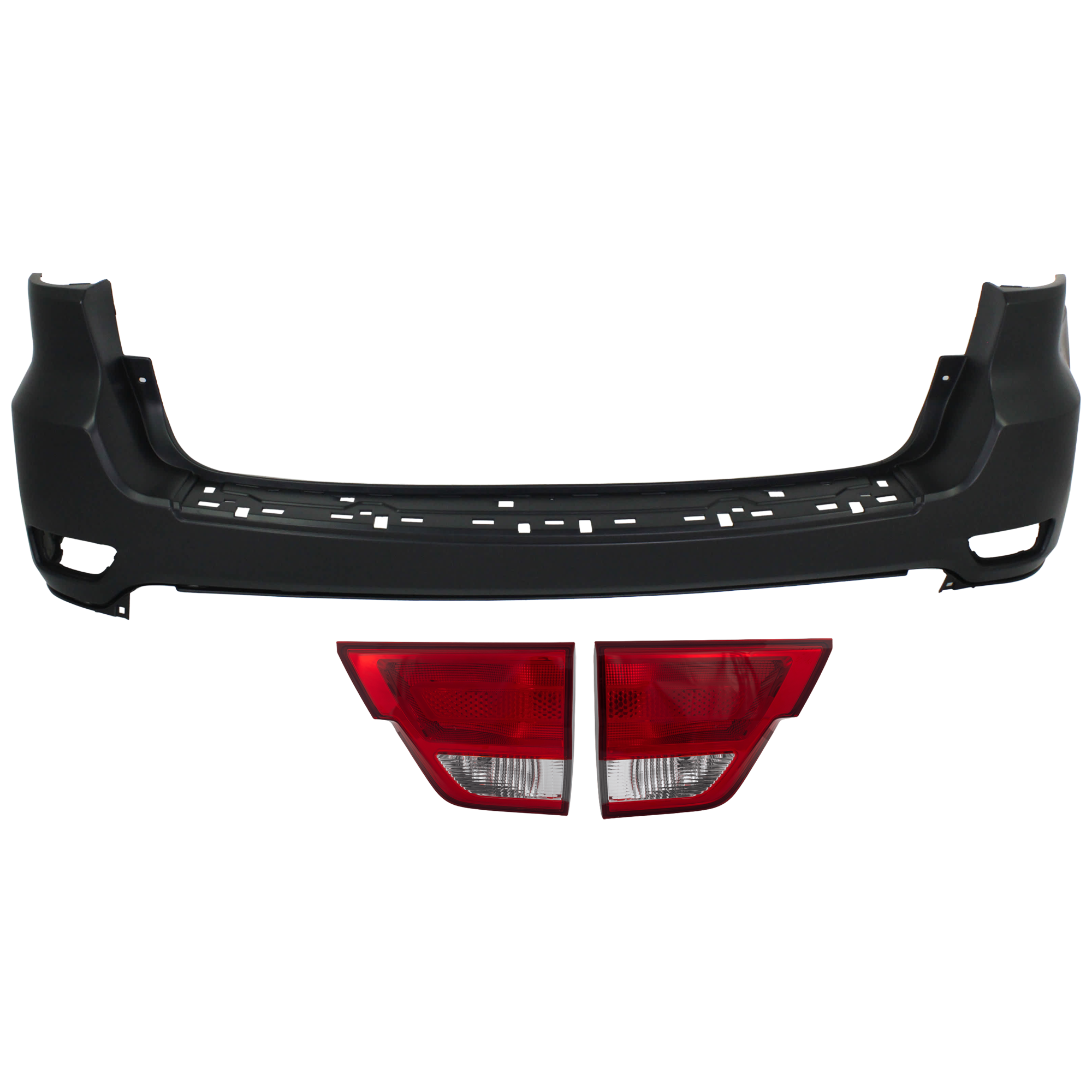 AM GRAND CHEROKEE 11-13 REAR BUMPER COVER Upper 3 pc Kit Primed w o License Plate Provision Tow Hook Hole and Parking Aid Sensor Holes with Tail Light SKU KIT 081526 GB197 Partslink CH1100952 CH2803101 CH2802101 OEM 1VQ65TZZAA 57010274AF 57010275