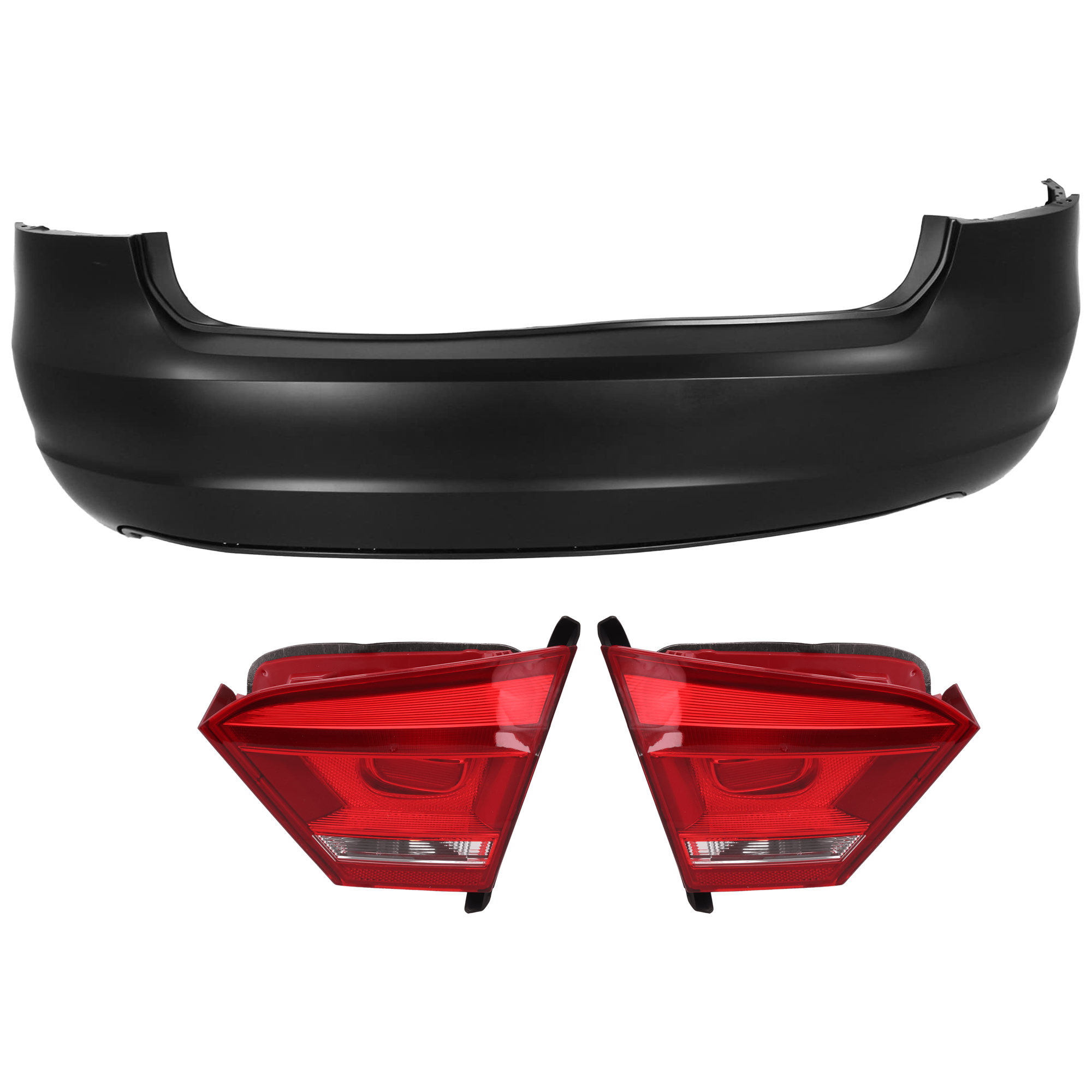 AM PASSAT 12-15 REAR BUMPER COVER 3 pc Kit Primed w o Molding Groove Holes License Plate Provision Tow Hook Hole and Parking Aid Sensor Holes with Tail Light SKU KIT 081526 GB199 Partslink VW1100192 VW2803113 VW2802113 OEM 561807421DGRU 561945094C 56194