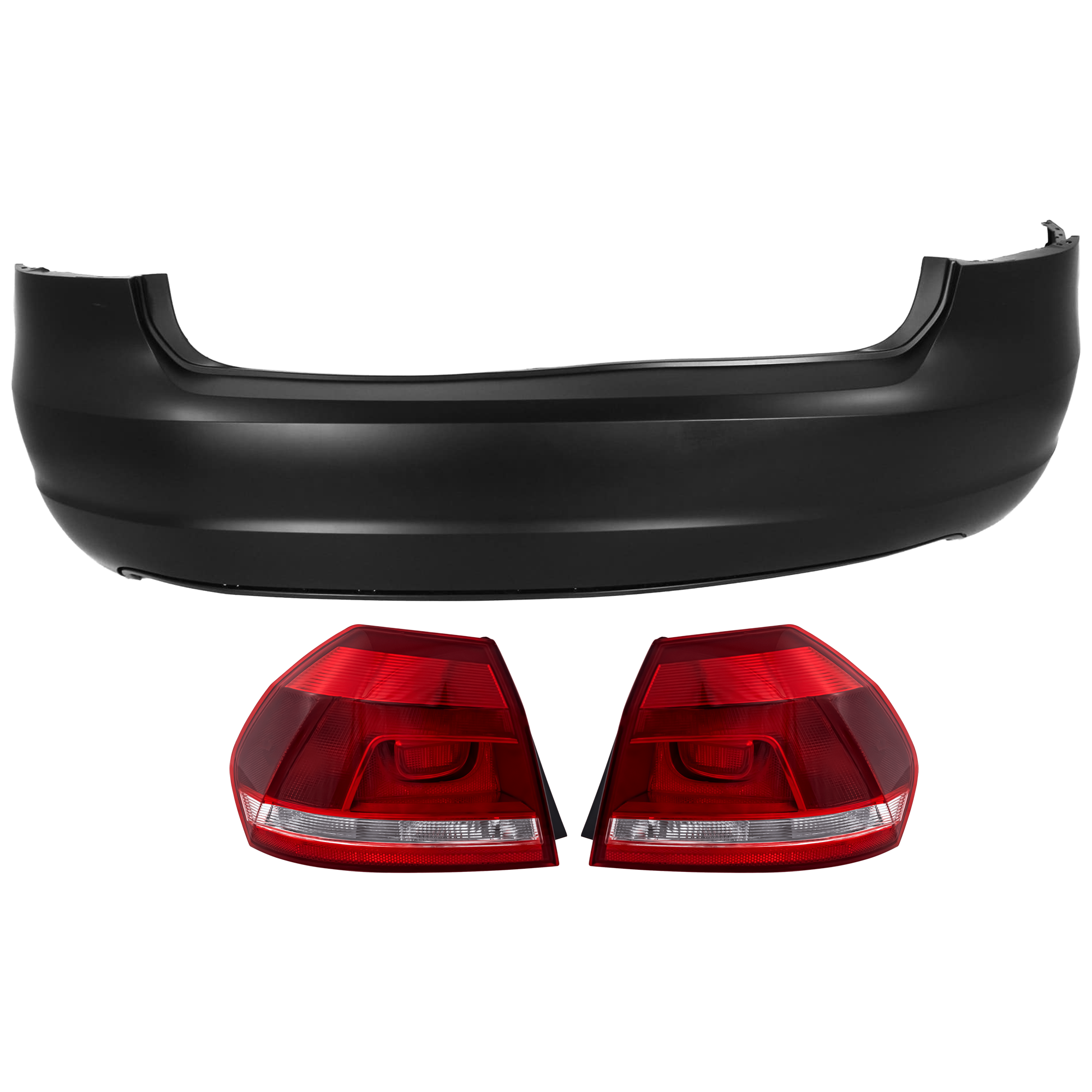 AM PASSAT 12-15 REAR BUMPER COVER 3 pc Kit Primed w o Molding Groove Holes License Plate Provision Tow Hook Hole and Parking Aid Sensor Holes with Tail Light SKU KIT 081526 GB200 Partslink VW1100192 VW2805108 VW2804108 OEM 561807421DGRU 561945096H 56194