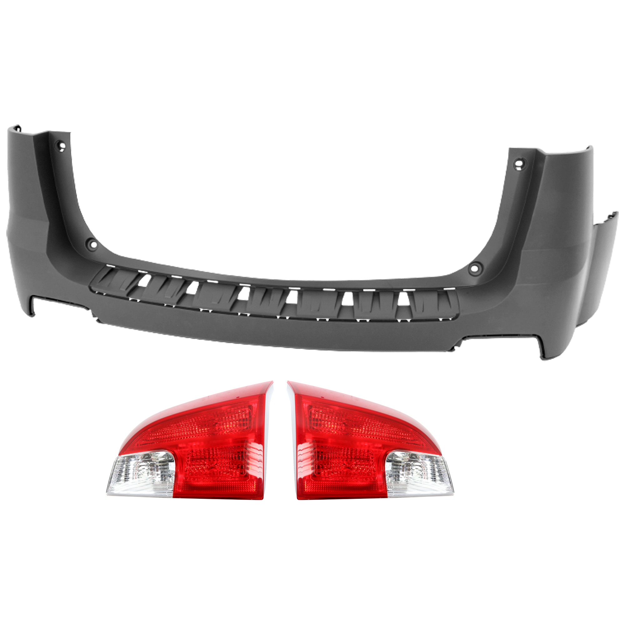 AM TERRAIN 10-15 REAR BUMPER COVER Upper 3 pc Kit Primed w o License Plate Provision Tow Hook Hole and Parking Aid Sensor Holes with Tail Light SKU KIT 081526 GB201 Partslink GM1100864 GM2803105 GM2802105 OEM 20983260-20845444-20845443
