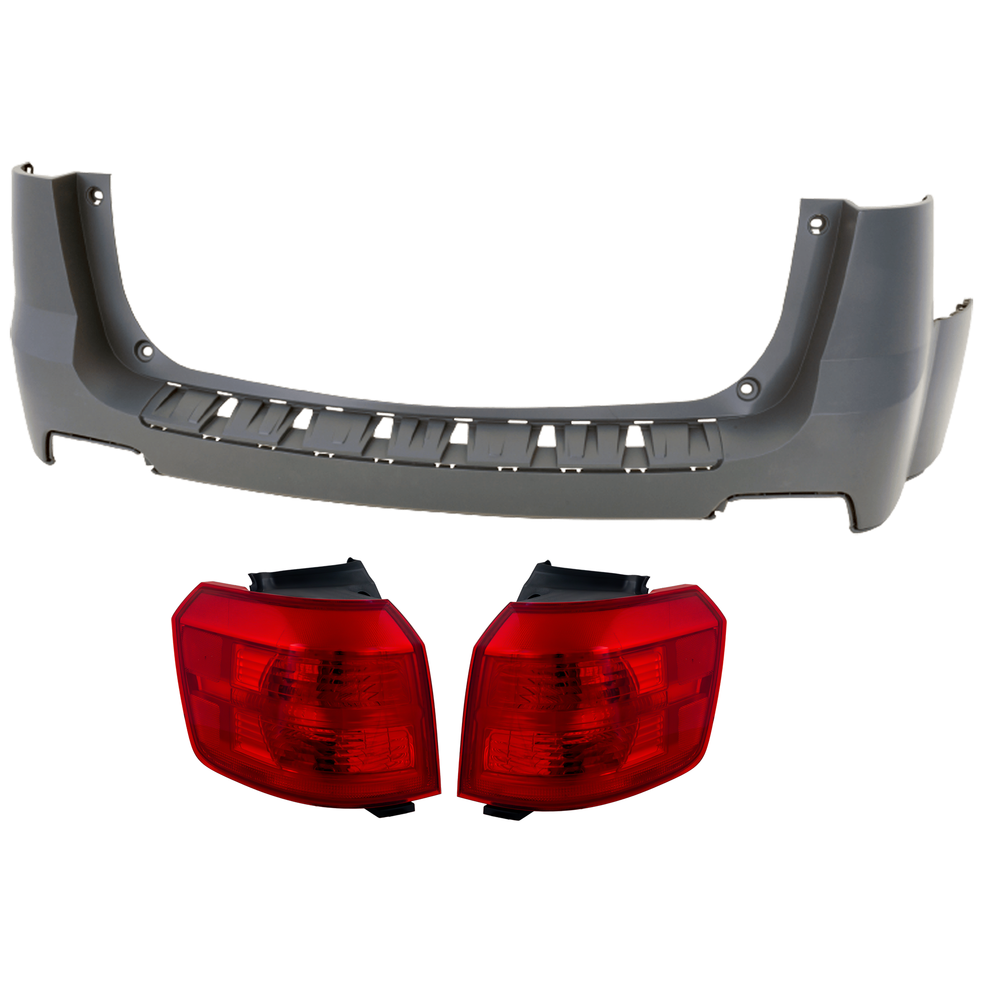 AM TERRAIN 10-15 REAR BUMPER COVER Upper 3 pc Kit Primed w o License Plate Provision Tow Hook Hole and Parking Aid Sensor Holes with Tail Light SKU KIT 081526 GB202 Partslink GM1100864 GM2805105 GM2804105 OEM 20983260-23389934-23389933