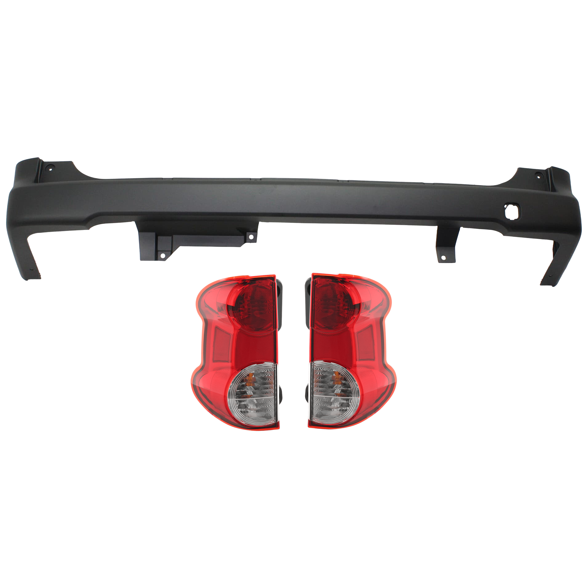AM NV200-13-21 REAR BUMPER COVER 3 pc Kit Textured w Tow Hook Hole w o License Plate Provision and Parking Aid Sensor Holes with Tail Light SKU KIT 081526 GB204 Partslink NI1100300 NI2801201 NI2800201 OEM 850223LM0J HEM223LM0J 265503LM