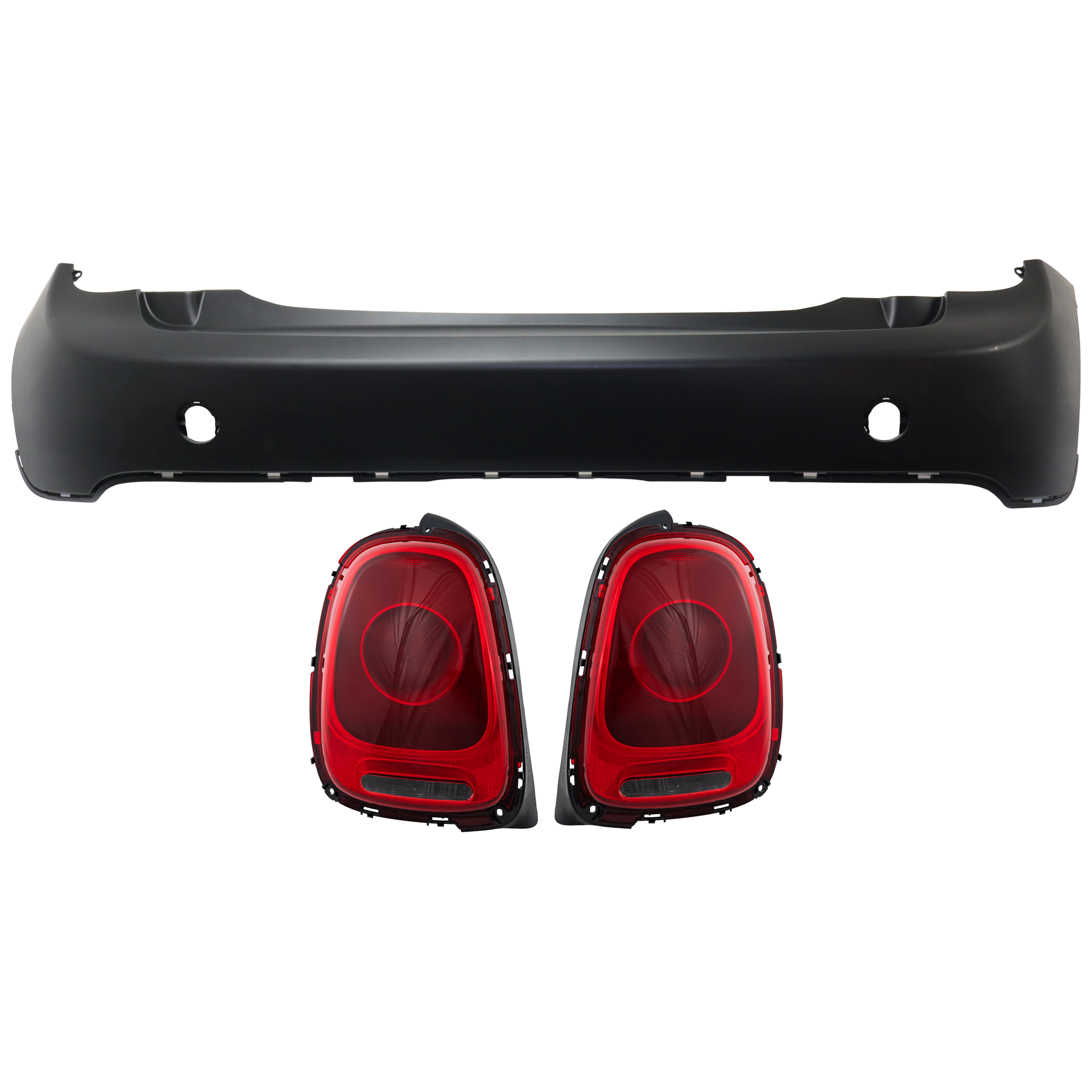 AM COOPER 15-18 REAR BUMPER COVER 3 pc Kit Primed w o License Plate Provision Tow Hook Hole and Parking Aid Sensor Holes with Tail Light CAPA SKU KIT 081526 GB212 Partslink MC1100162C MC2801105C MC2800105C OEM 51127380023-63217297510-632172