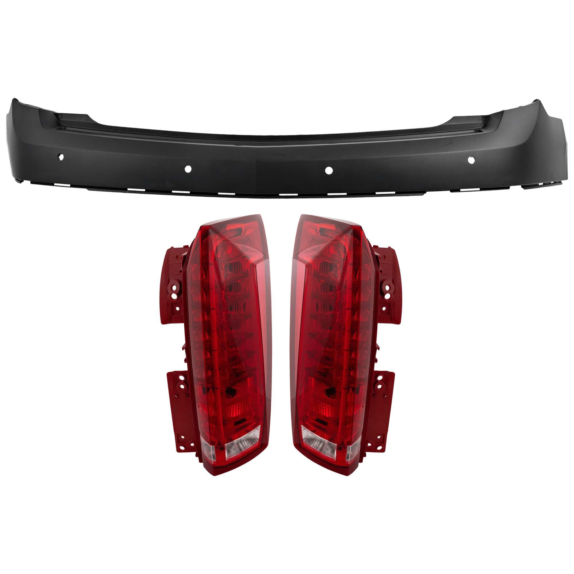AM SRX 10-16 REAR BUMPER COVER Upper 3 pc Kit Primed w Parking Aid Sensor Holes w o License Plate Provision and Tow Hook Hole with Tail Light SKU KIT 081526 GB213 Partslink GM1100866 GM2801255 GM2800255 OEM 20835693-22774015-22774014