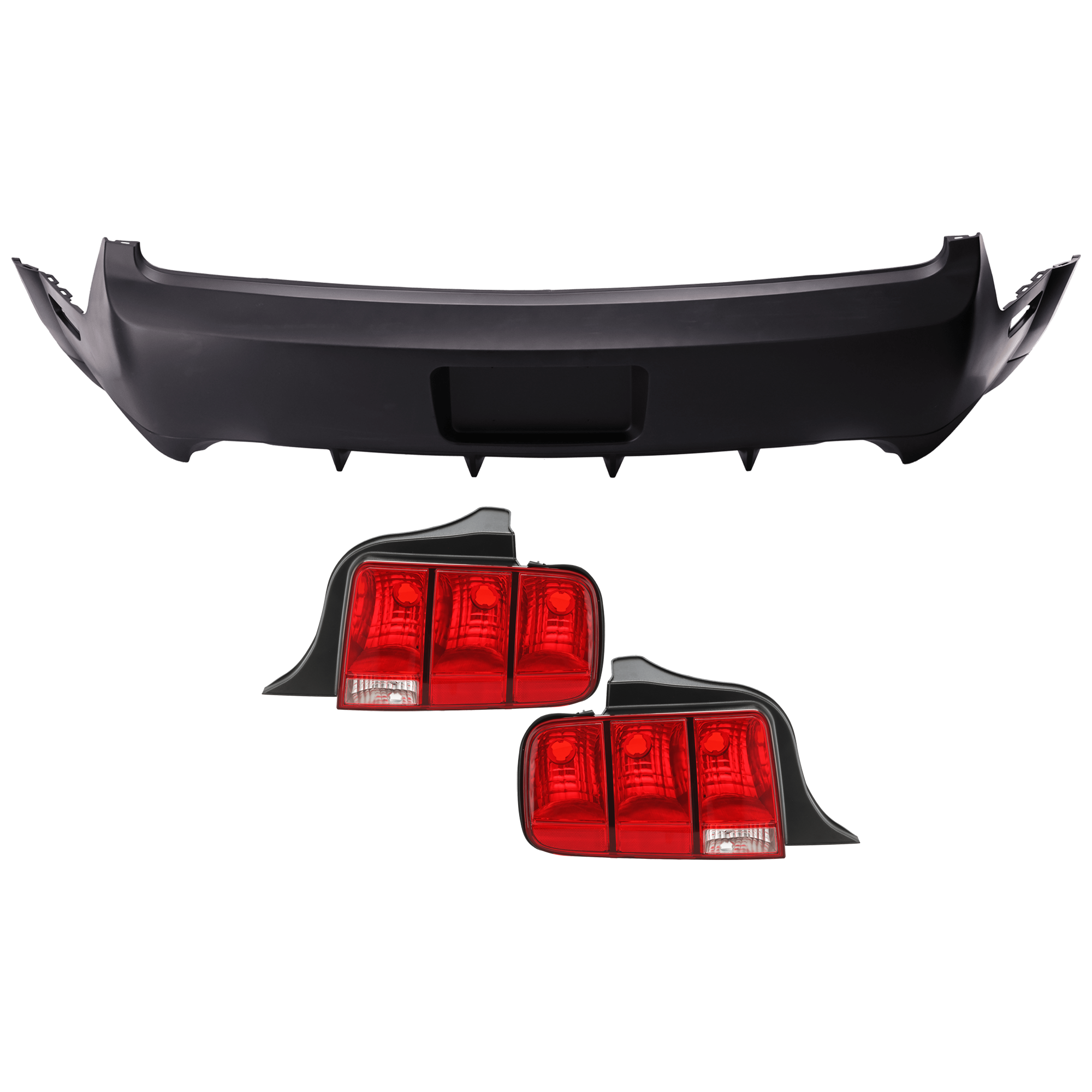 AM MUSTANG 07-09 REAR BUMPER COVER 3 pc Kit Primed w License Plate Provision w o Tow Hook Hole and Parking Aid Sensor Holes with Tail Light SKU KIT 081526 GB215 Partslink FO1100660 FO2801191 FO2800191 OEM 7R3Z17K835AAPTM 6R3Z13404AB 6R