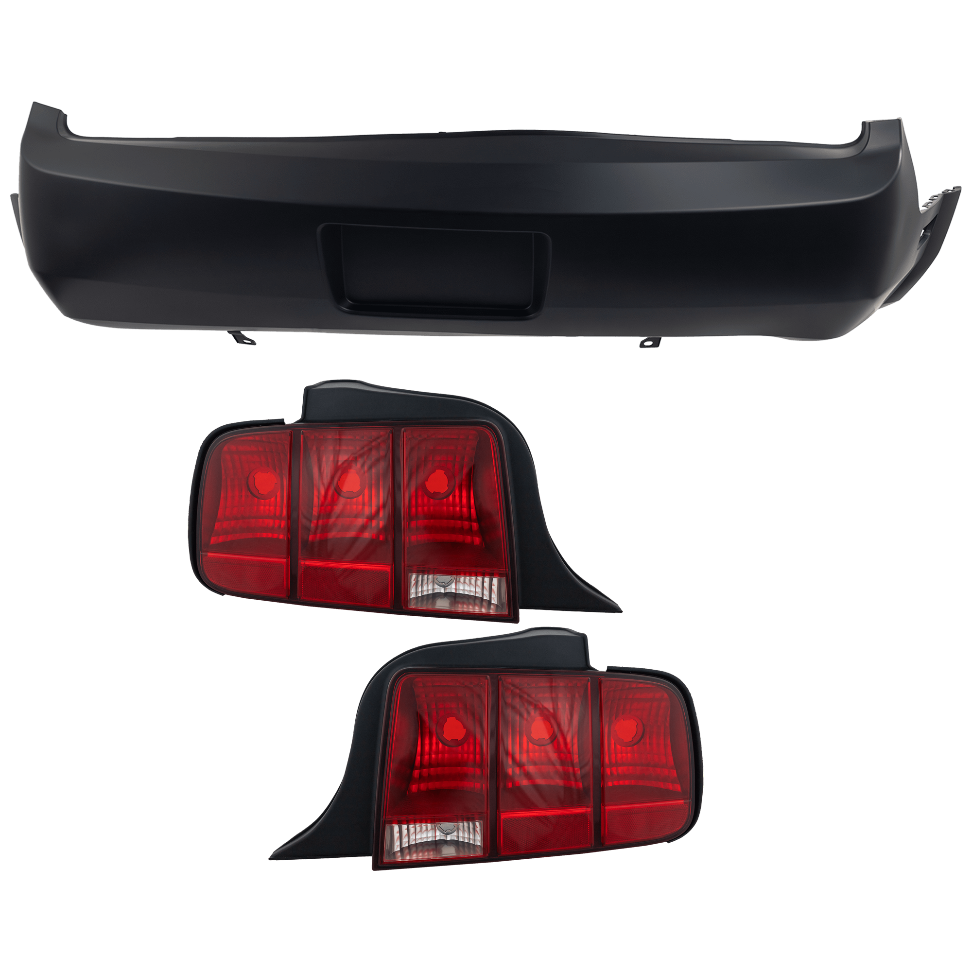 AM MUSTANG 05-09 REAR BUMPER COVER 3 pc Kit Primed w Side Marker Holes and License Plate Provision w o Tow Hook Hole and Parking Aid Sensor Holes with Tail Light SKU KIT 081526 GB223 Partslink FO1100387 FO2801191 FO2800191 OEM 5R3Z17K835AAA 6R3Z13404AB 6R3Z