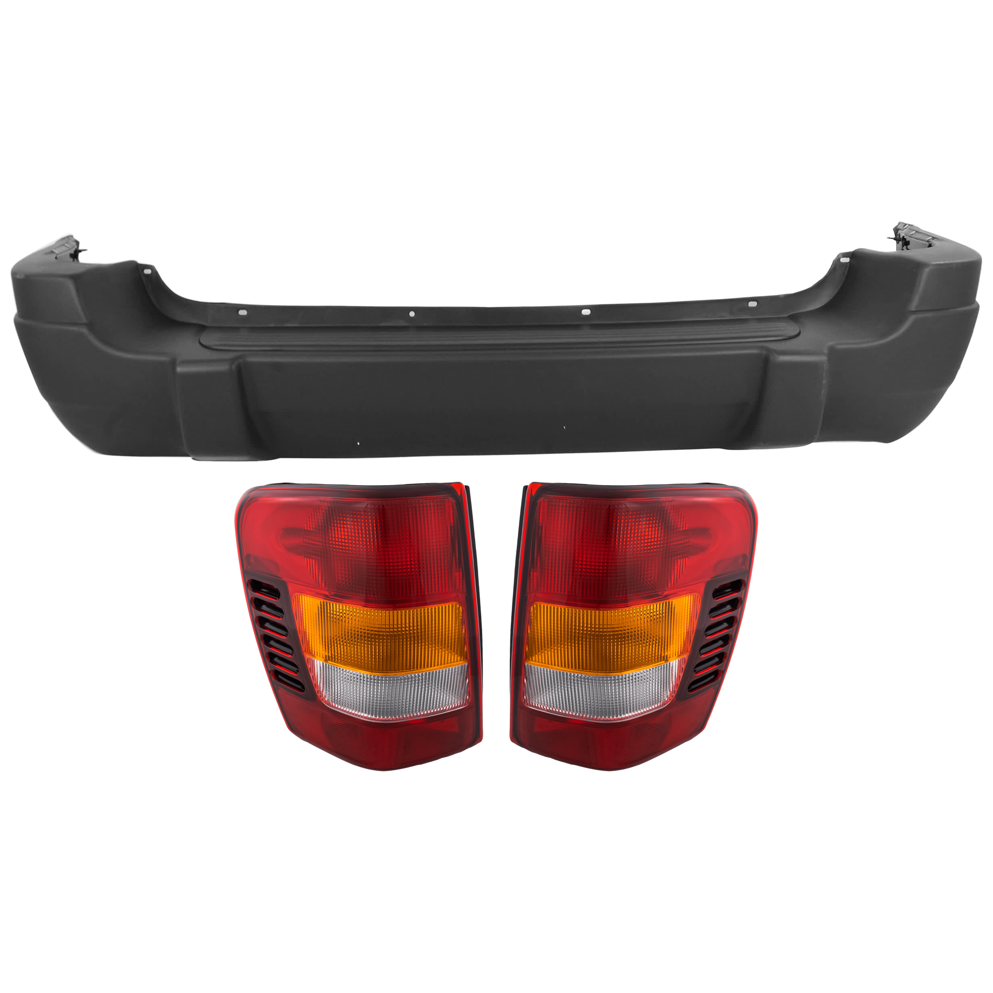 AM GRAND CHEROKEE 03-04 REAR BUMPER COVER 3 pc Kit Primed with Tail Light SKU KIT 081526 GB224 Partslink CH1100306 CH2819133 CH2818133 OEM 5EU81ZSPAB 55155138AJ 55155138