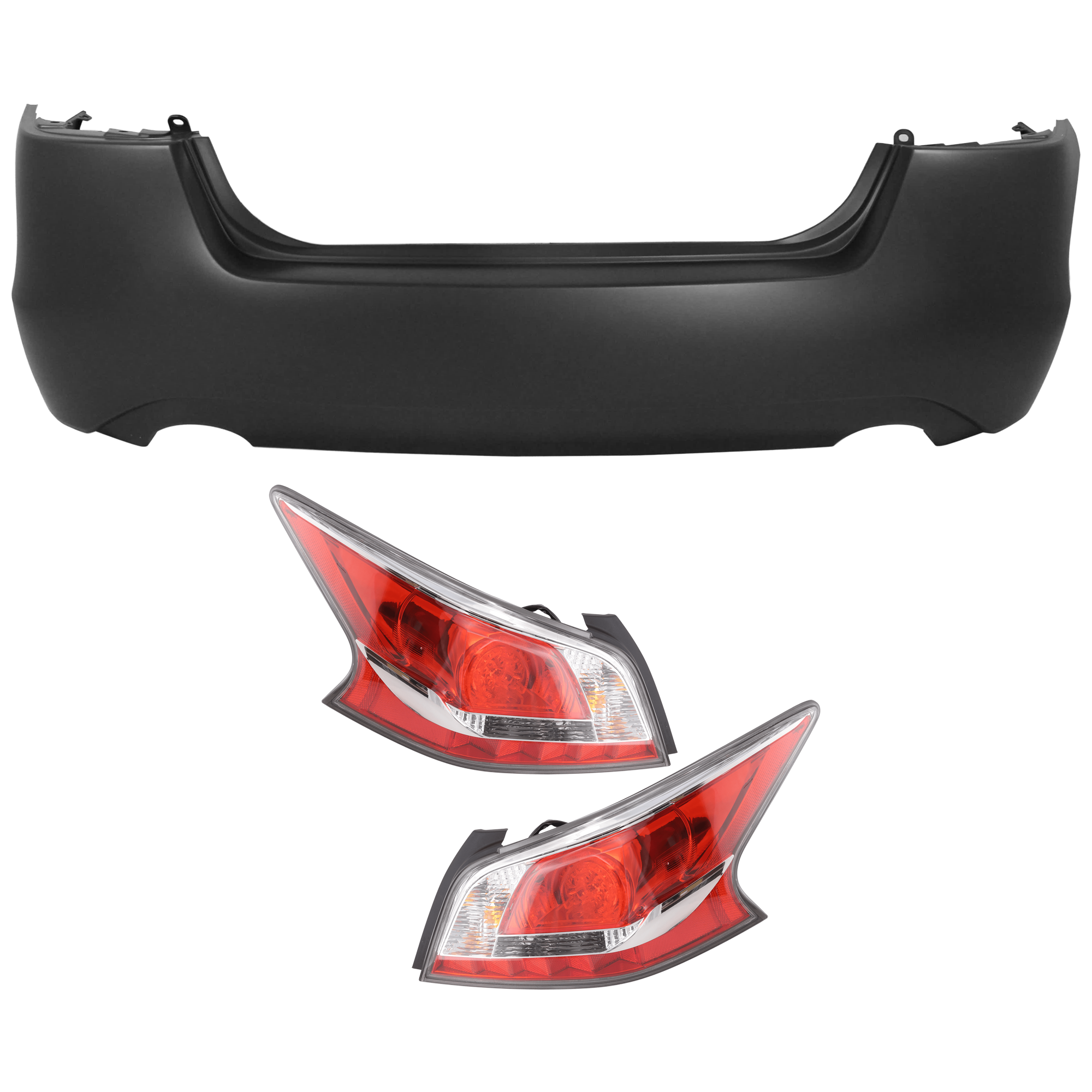 AM ALTIMA 14-15 REAR BUMPER COVER 3 pc Kit Primed w Dual Exhaust Cut Outs w o License Plate Provision Tow Hook Hole and Parking Aid Sensor Holes with Tail Light SKU KIT 081526 GB238 Partslink NI1100287 NI2801204 NI2800204 OEM 850223TA0H 265509HM2A 265559HM