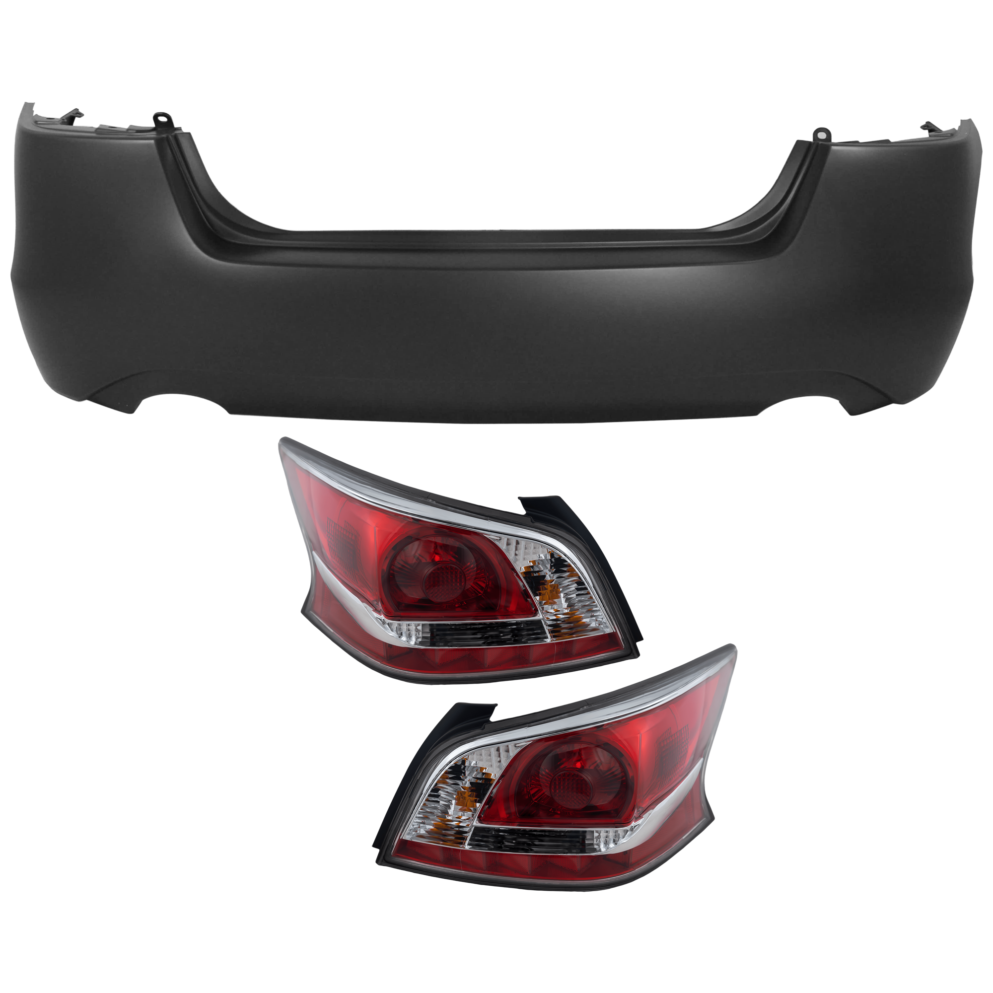 AM ALTIMA 14-15 REAR BUMPER COVER 3 pc Kit Primed w Dual Exhaust Cut Outs w o License Plate Provision Tow Hook Hole and Parking Aid Sensor Holes with Tail Light SKU KIT 081526 GB239 Partslink NI1100287 NI2801203 NI2800203 OEM 850223TA0H 265509HM0A 265559HM
