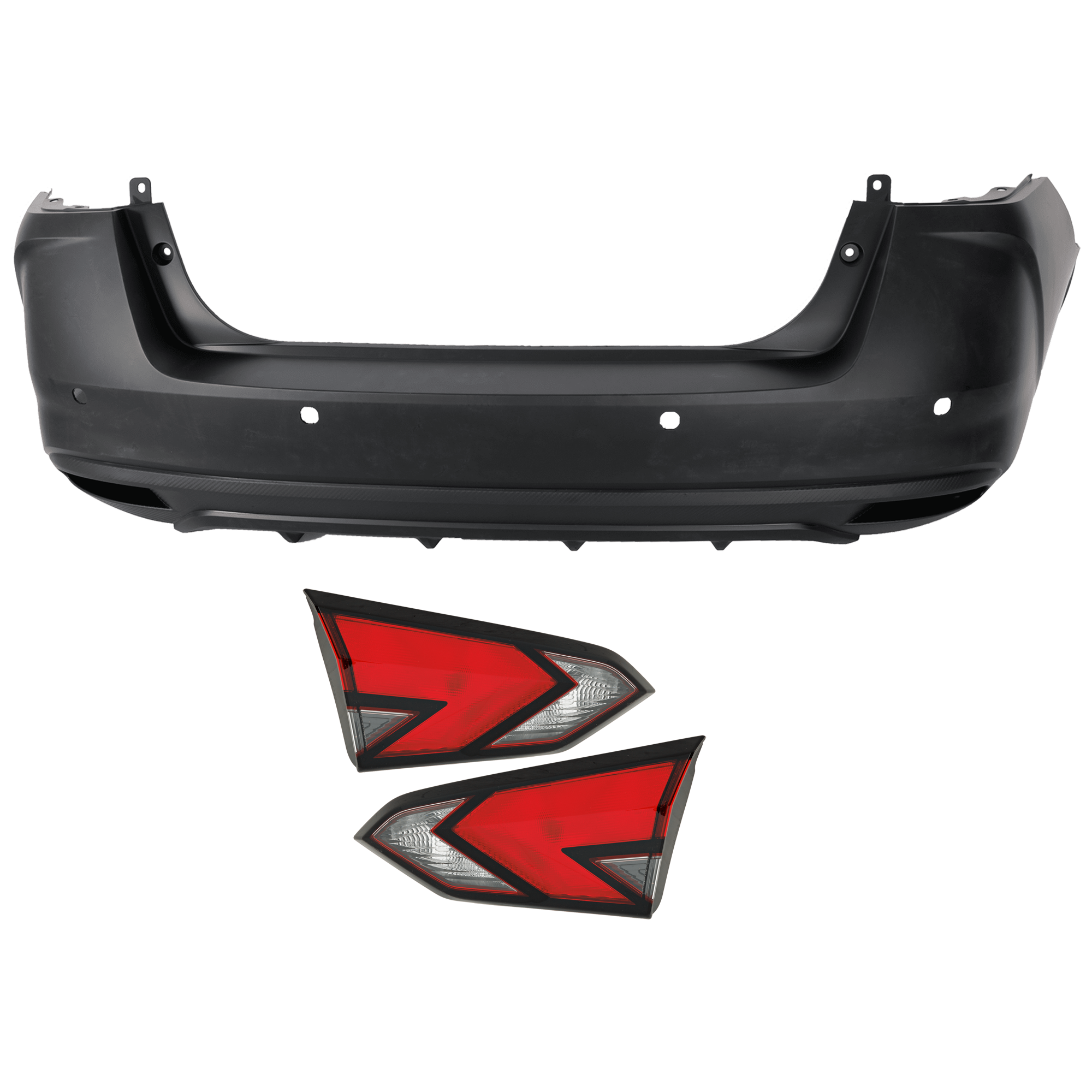 AM VERSA 20-25 REAR BUMPER COVER 3 pc Kit Primed with Tail Light SKU KIT 081526 GB241 Partslink NI1100340 NI2803121 NI2802121 OEM 850225EE0J 265405EE0A 265455EE