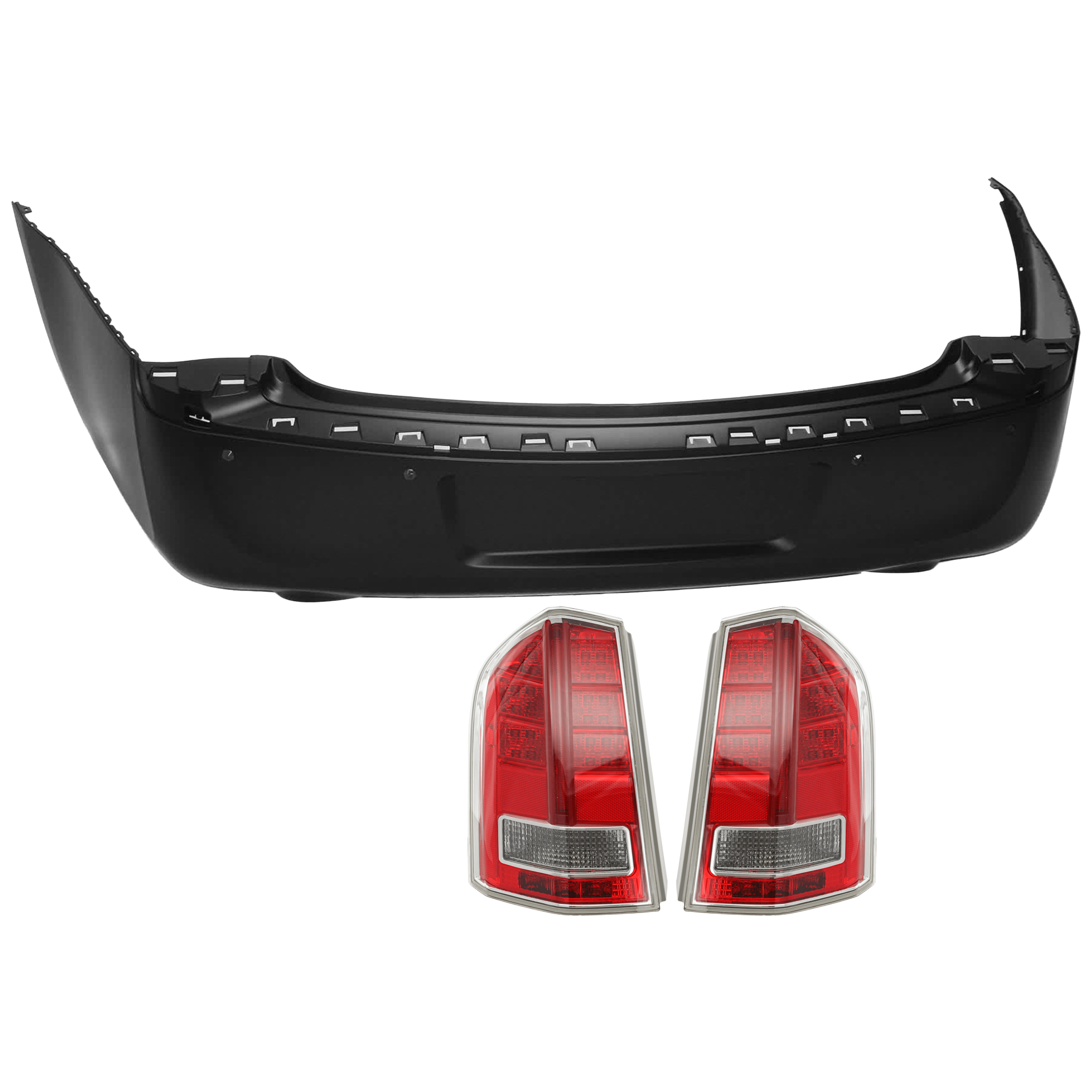AM CHRYSLER 300-11-13 REAR BUMPER COVER 3 pc Kit Primed w License Plate Provision and Parking Aid Sensor Holes w o Tow Hook Hole with Tail Light SKU KIT 081526 GB242 OEM 68127951AC 68042170AE PFM 6804