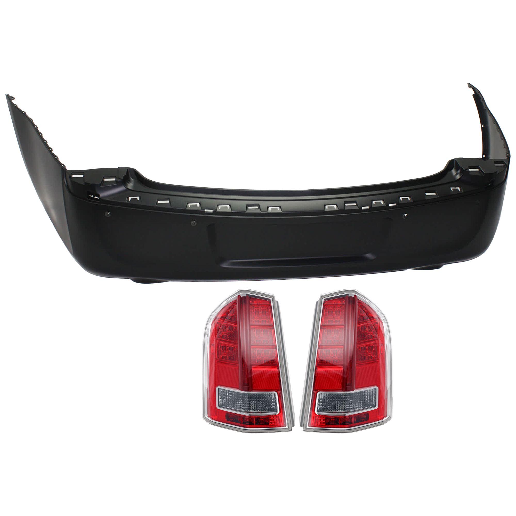 AM CHRYSLER 300-11-12 REAR BUMPER COVER 3 pc Kit Primed w License Plate Provision and Parking Aid Sensor Holes w o Tow Hook Hole with Tail Light SKU KIT 081526 GB243 Partslink CH1100967 CH2801200 OEM 68127951AC 68042172AE 68042171