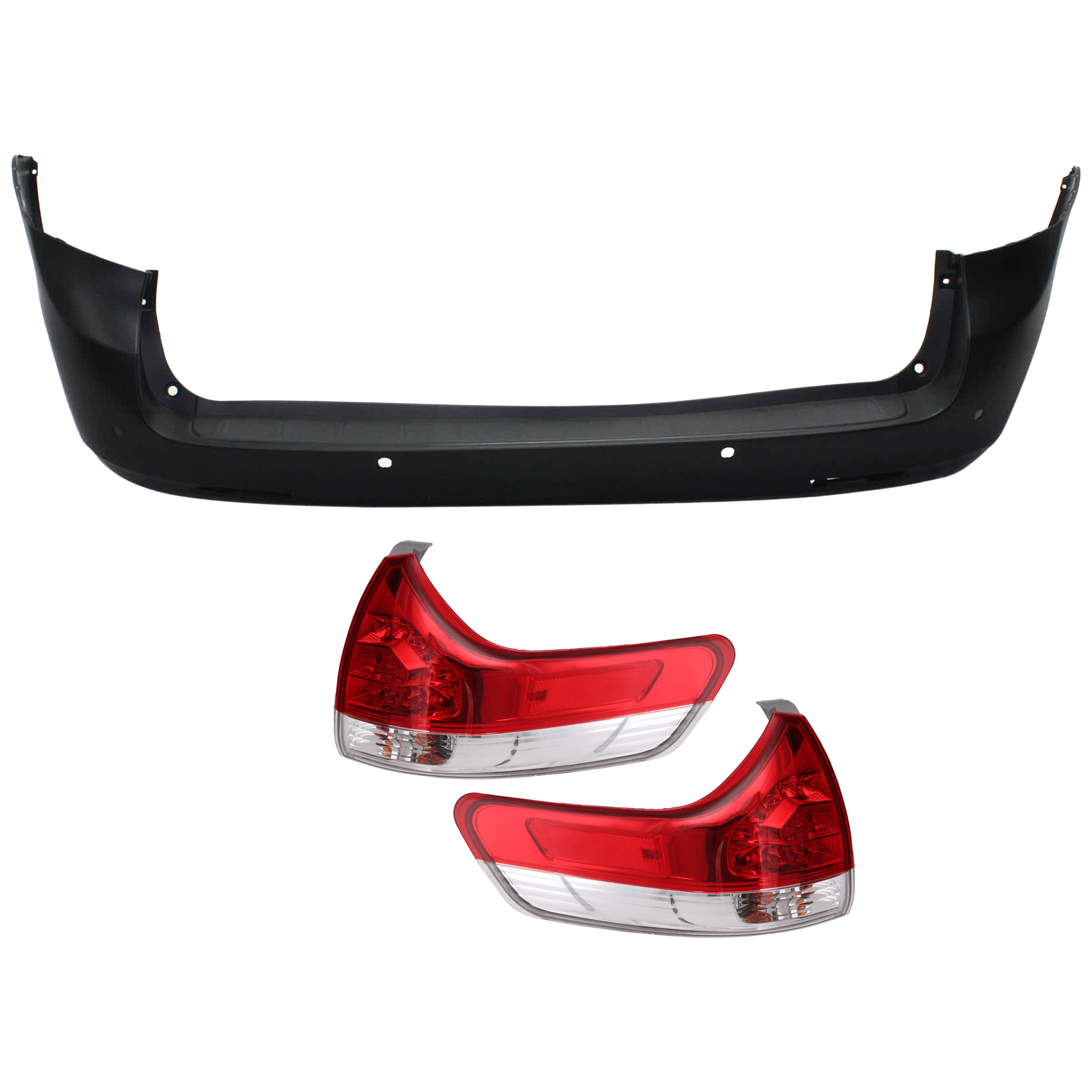 AM SIENNA 11-14 REAR BUMPER COVER 3 pc Kit Primed w Parking Aid Sensor Holes with Tail Light SKU KIT 081526 GB247 Partslink TO1100285 TO2805107 TO2804107 OEM 5215908903-8155008030-81560080