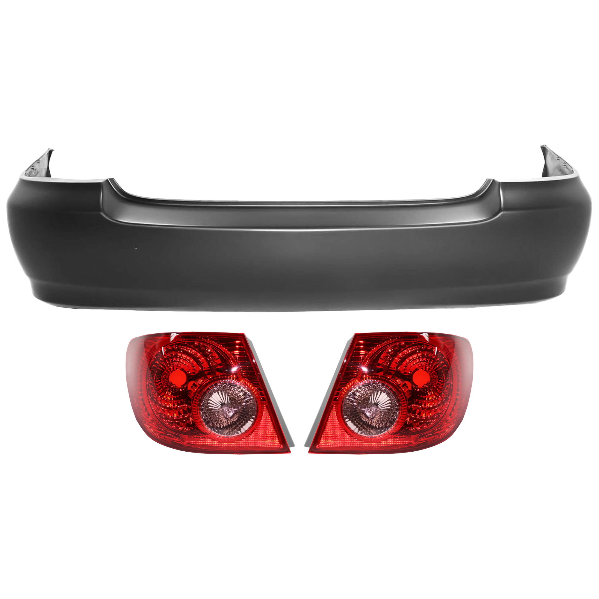 AM COROLLA 05-08 REAR BUMPER COVER 3 pc Kit Primed w o Spoiler Holes License Plate Provision Tow Hook Hole and Parking Aid Sensor Holes with Tail Light SKU KIT 081526 GB259 OEM 5215902911-8155002290 PFM 8156