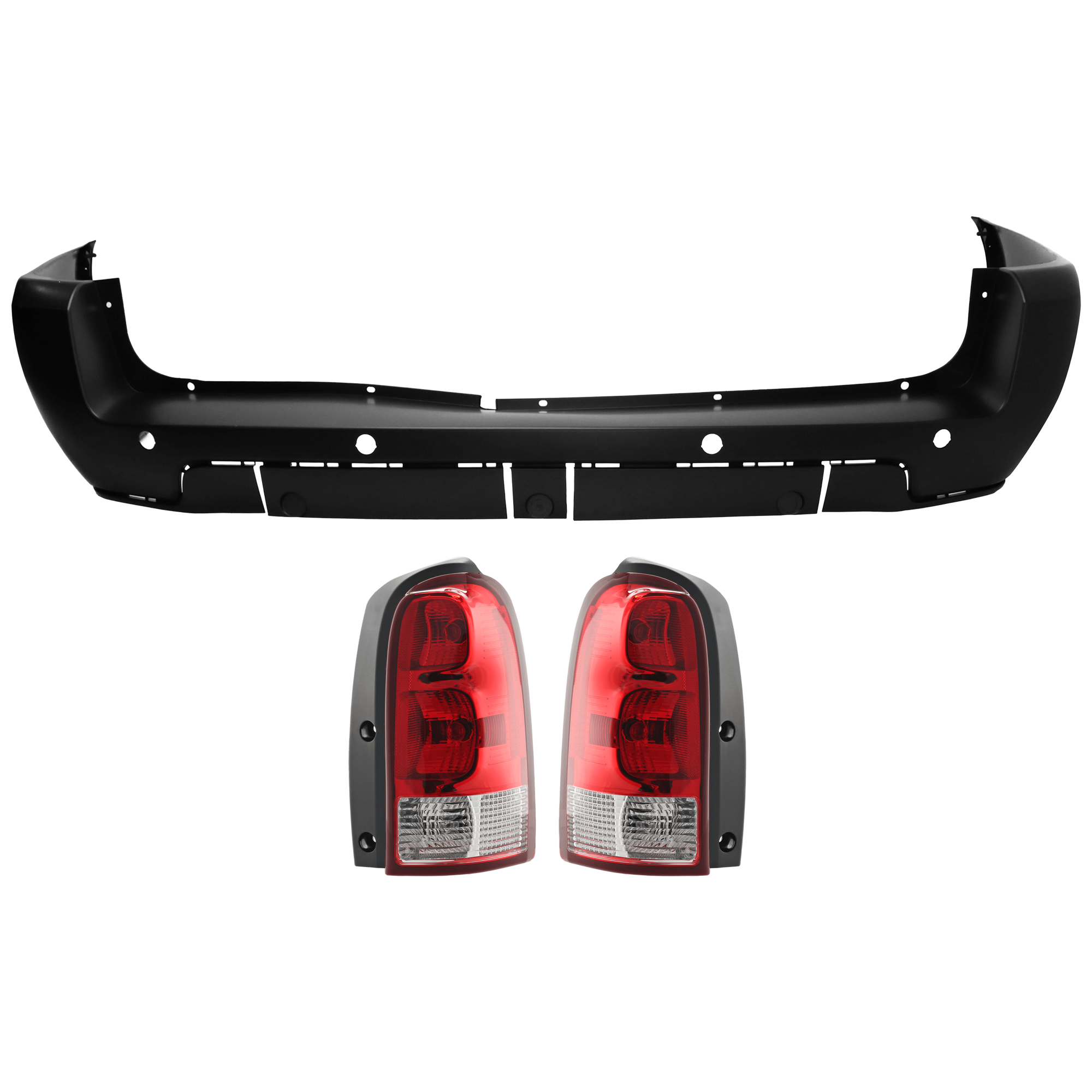AM UPLANDER 05-09 REAR BUMPER COVER 3 pc Kit Primed 121 in. Wheelbase w Parking Aid Sensor Holes with Tail Light SKU KIT 081526 GB260 Partslink GM1100716 GM2801183 GM2800183 OEM 12336004-15787132-15787131