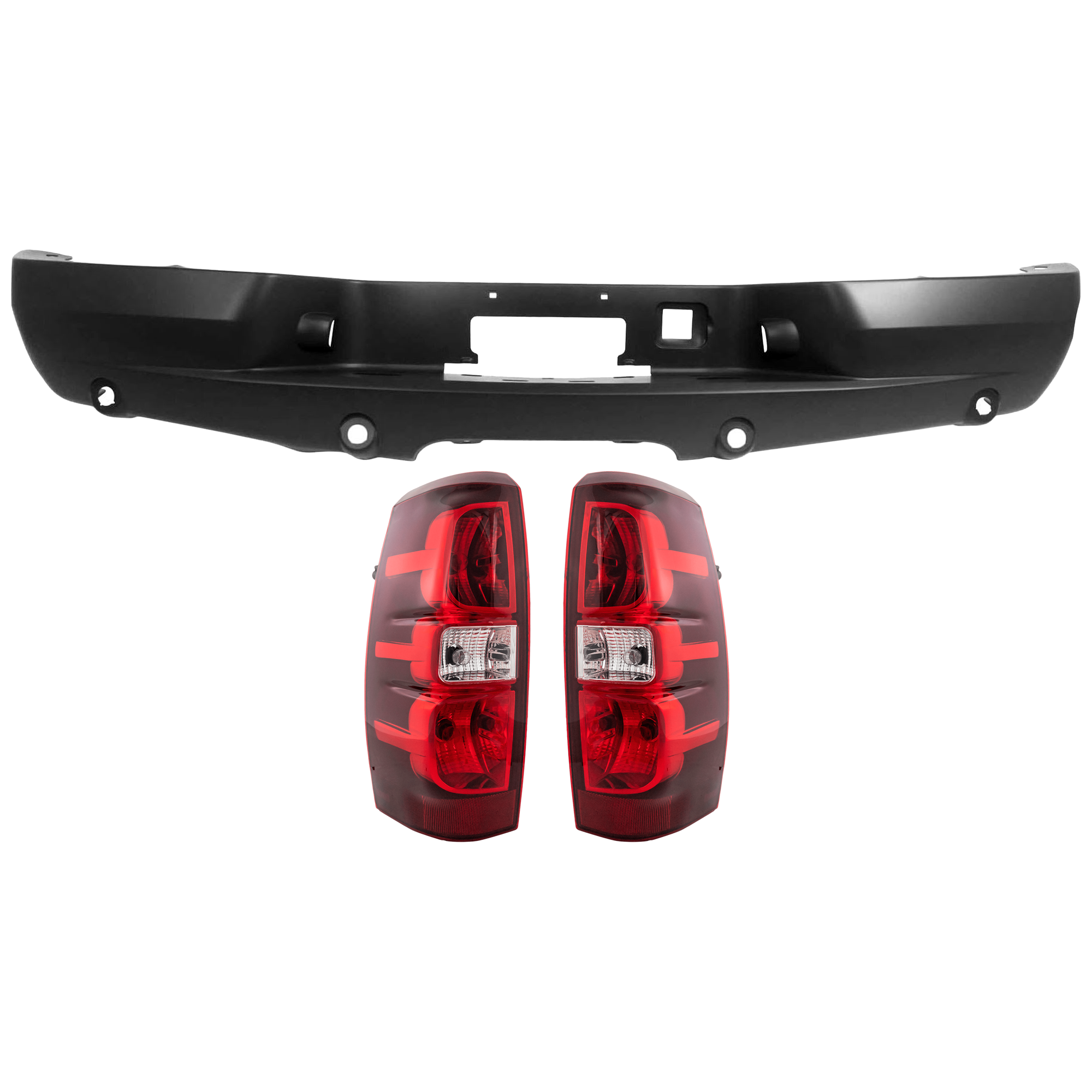 AM AVALANCHE 07-13 REAR BUMPER COVER 3 pc Kit Primed w License Plate Provision and Parking Aid Sensor Holes w o Tow Hook Hole with Tail Light SKU KIT 081526 GB263 Partslink GM1100629 GM2801222 GM2800222 OEM 88937198-22739264-22739263