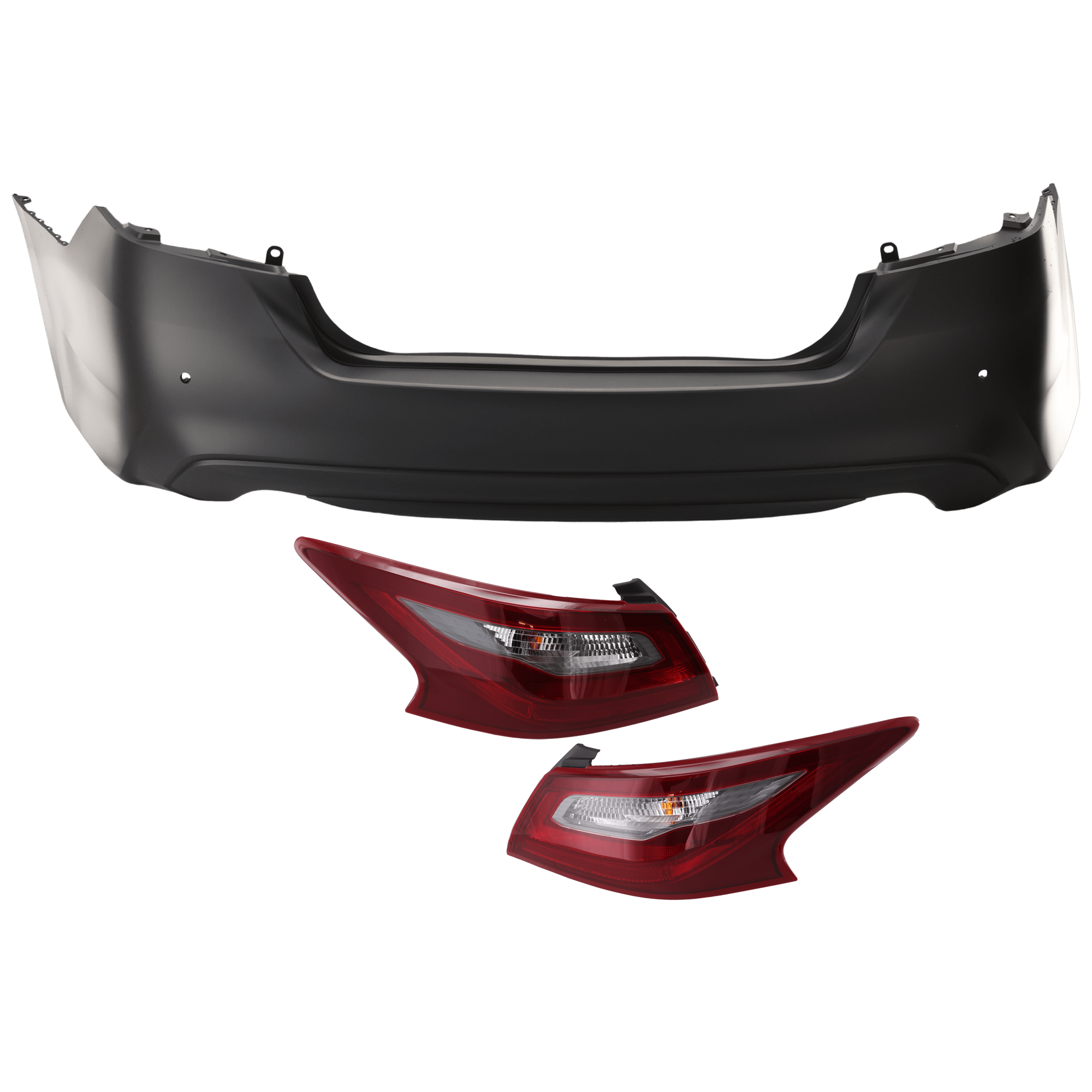 AM ALTIMA 18-18 REAR BUMPER COVER 3 pc Kit Primed w Parking Aid Sensor Holes w o License Plate Provision and Tow Hook Hole with Tail Light SKU KIT 081526 GB272 Partslink NI1100311 NI2805112 NI2804112 OEM 850229HS2H 265509HU0A 265559HU