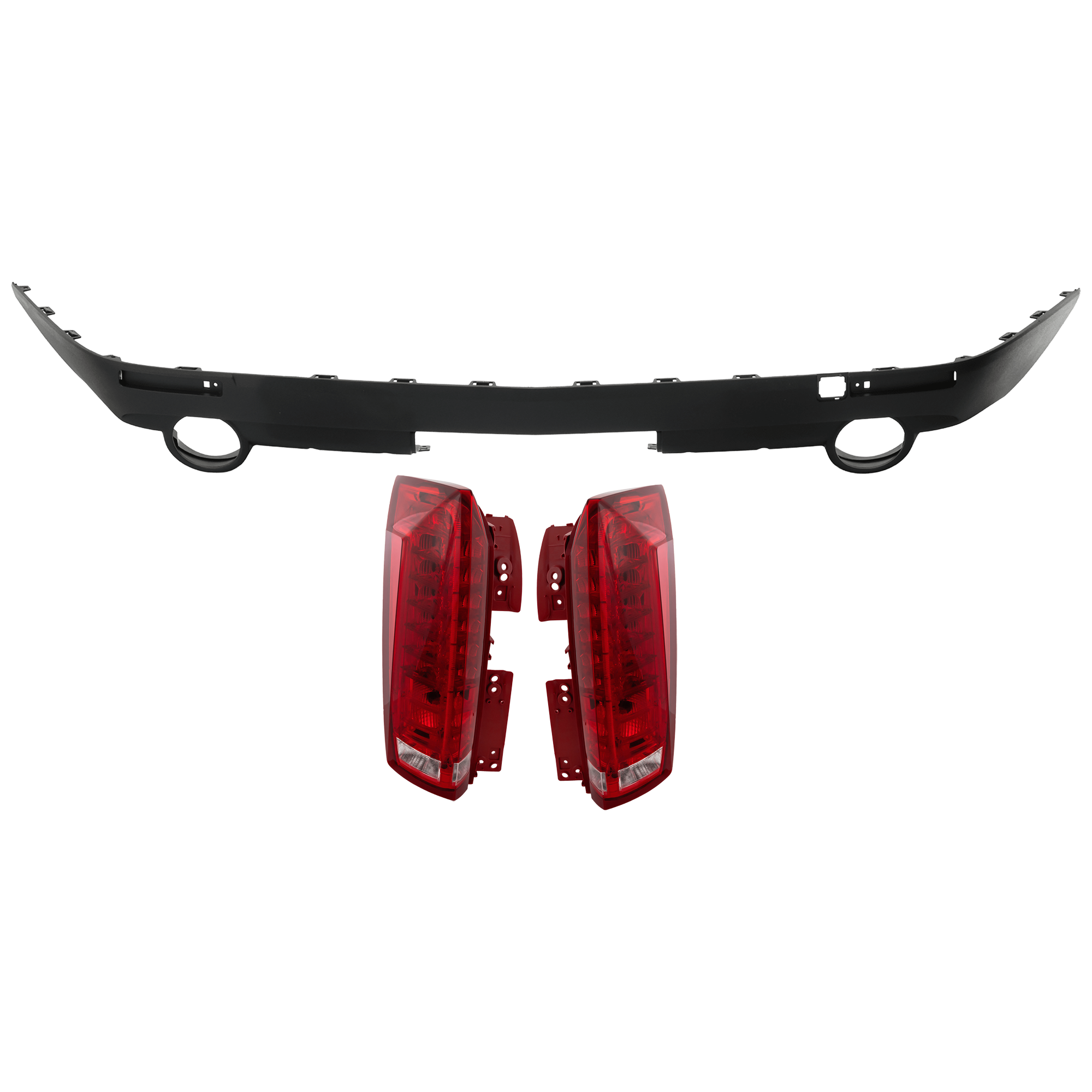 AM SRX 10-16 REAR BUMPER COVER Lower 3 pc Kit Textured w Dual Exhaust Cut Outs and Reflector Holes w o Parking Aid Sensor Holes with Tail Light SKU KIT 081526 GB293 Partslink GM1115100 GM2801255 GM2800255 OEM 25777280-22774015-22774014