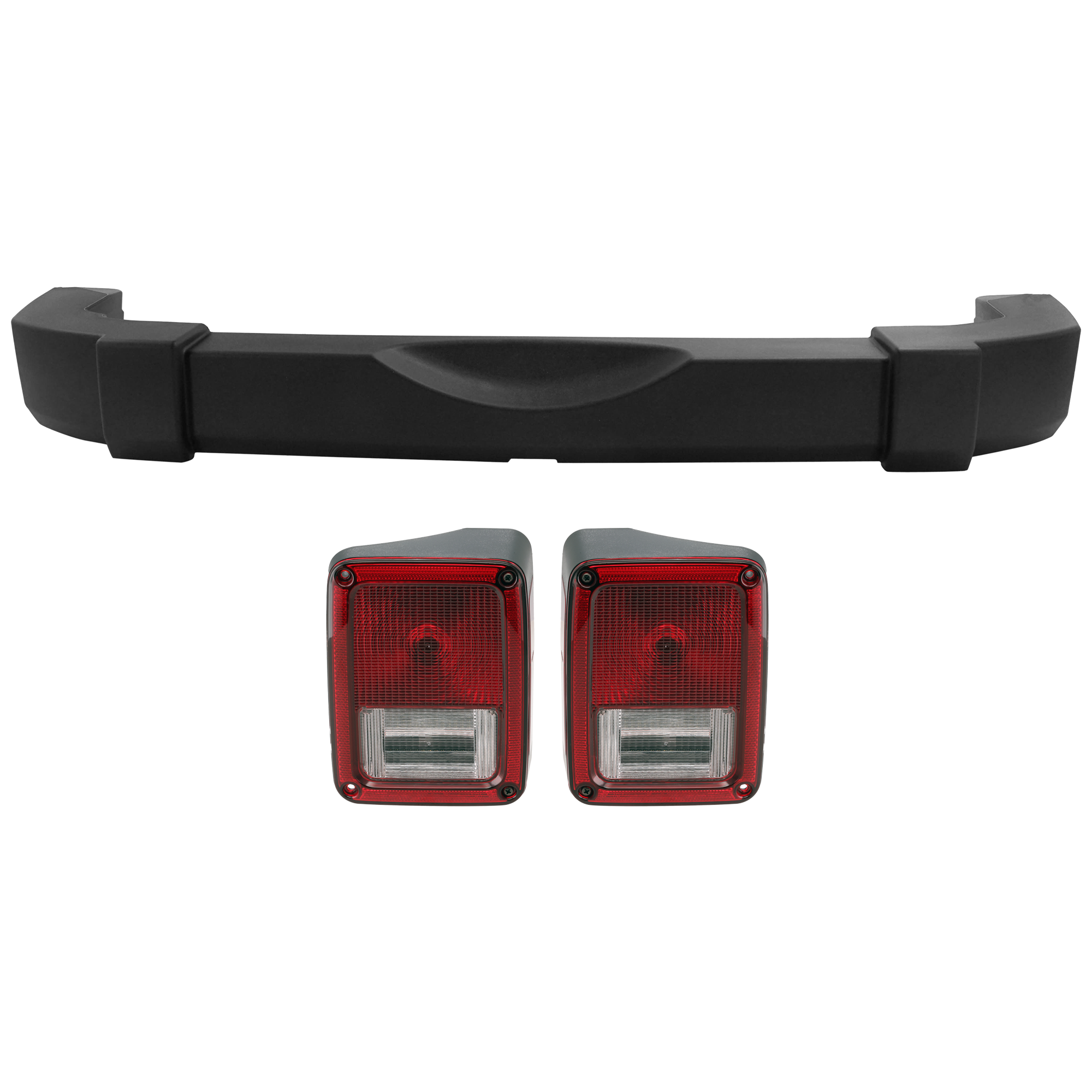 AM WRANGLER 07-17 WRANGLER JK 18-18 REAR BUMPER COVER 3 pc Kit Textured w o Parking Aid Sensor Holes with Tail Light SKU KIT 081526 GB294 Partslink CH1100979 CH2801177 CH2800177 OEM 1BD22RXFAE 55077890AH 55077891
