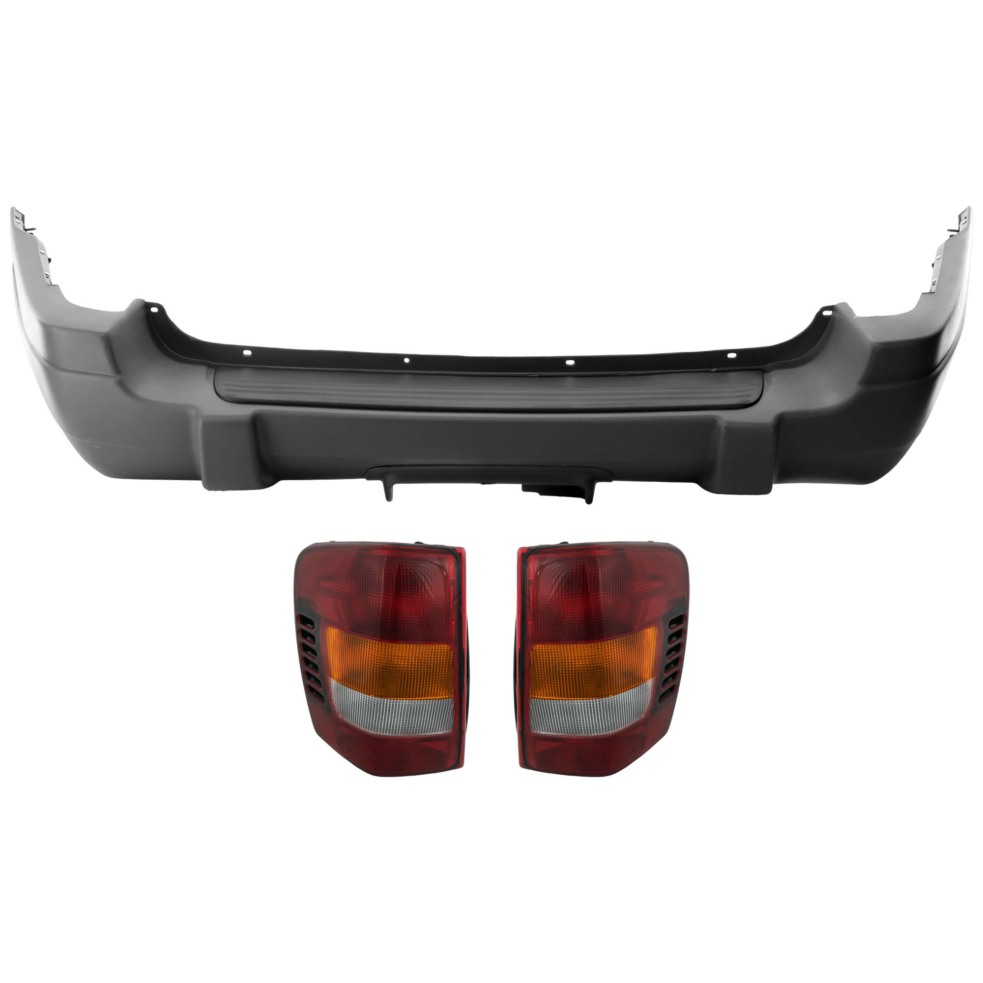 AM GRAND CHEROKEE 03-04 REAR BUMPER COVER 3 pc Kit Textured w Tow Hook Hole with Tail Light SKU KIT 081526 GB300 Partslink CH1100305 CH2801150 CH2800150 OEM 5FY081LPAE 55155138AJ PFM 5515