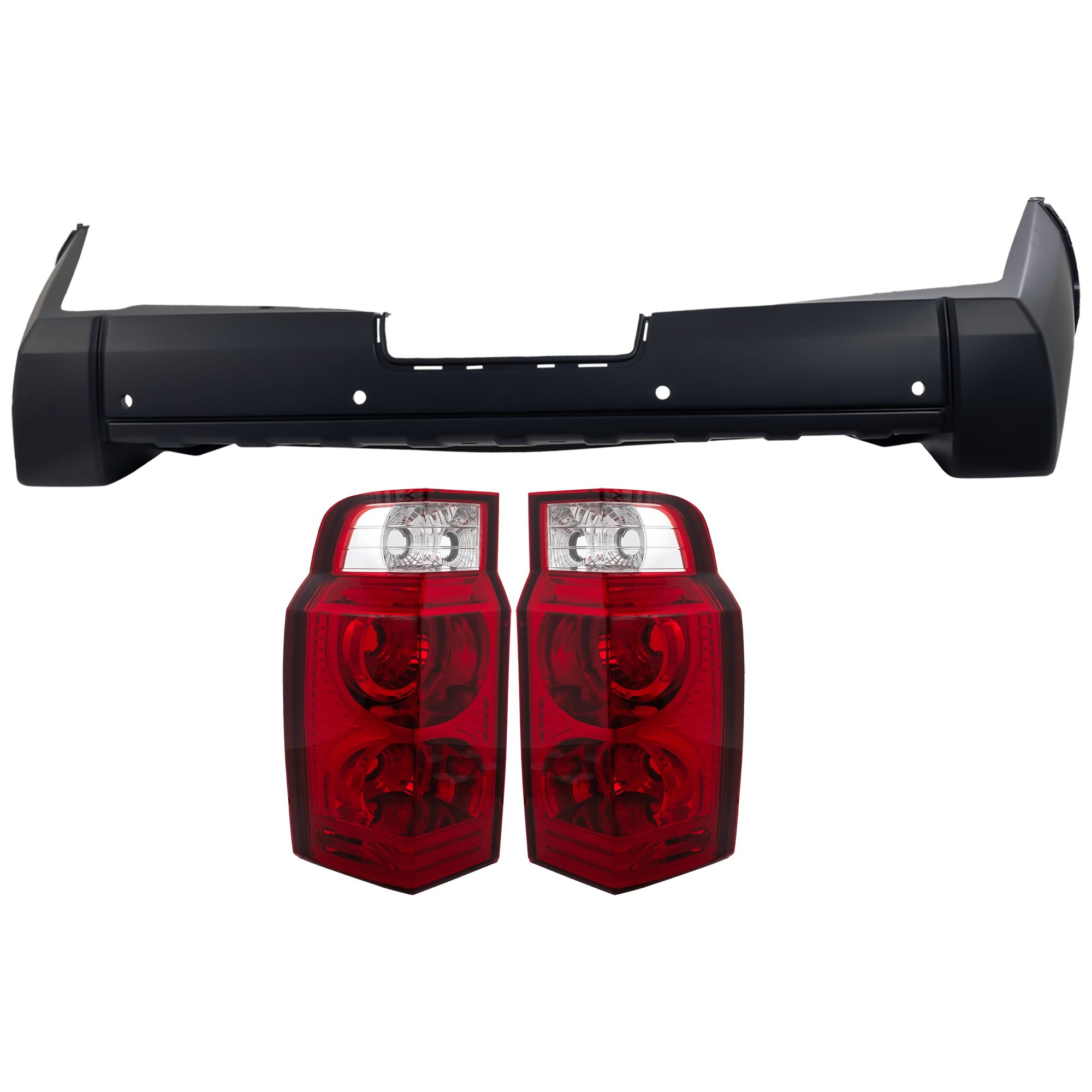 AM COMMANDER 06-10 REAR BUMPER COVER 3 pc Kit Primed w Tow Hook Hole and Parking Aid Sensor Holes w o License Plate Provision with Tail Light SKU KIT 081526 GB307 Partslink CH1100868 CH1100947 CH2819108 CH2818107 OEM 5183506AA 68052985AA 55396458A
