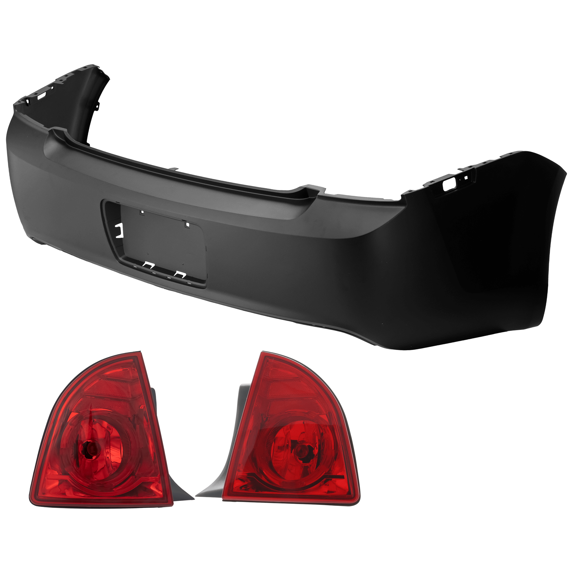 AM MALIBU 08-12 REAR BUMPER COVER 3 pc Kit Primed w License Plate Provision w o Tow Hook Hole and Parking Aid Sensor Holes with Tail Light SKU KIT 081526 GB316 Partslink GM1100816 GM2801224 GM2800224 OEM 25919219-20914364-20914363