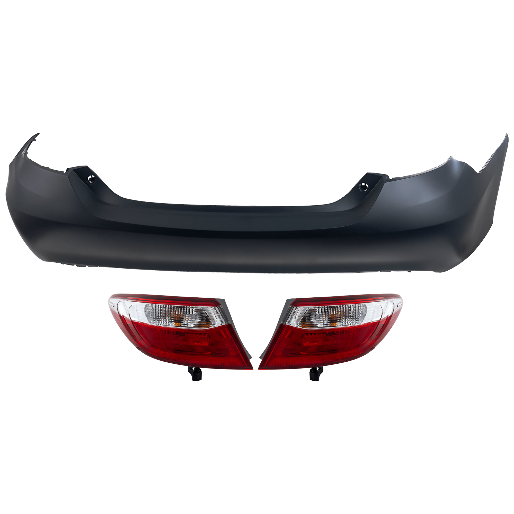 AM CAMRY 15-17 REAR BUMPER COVER 3 pc Kit Primed w o License Plate Provision Tow Hook Hole and Parking Aid Sensor Holes with Tail Light SKU KIT 081526 GB321 Partslink TO1100315 TO2805121 TO2804121 OEM 5215906989-8155006640-81560066