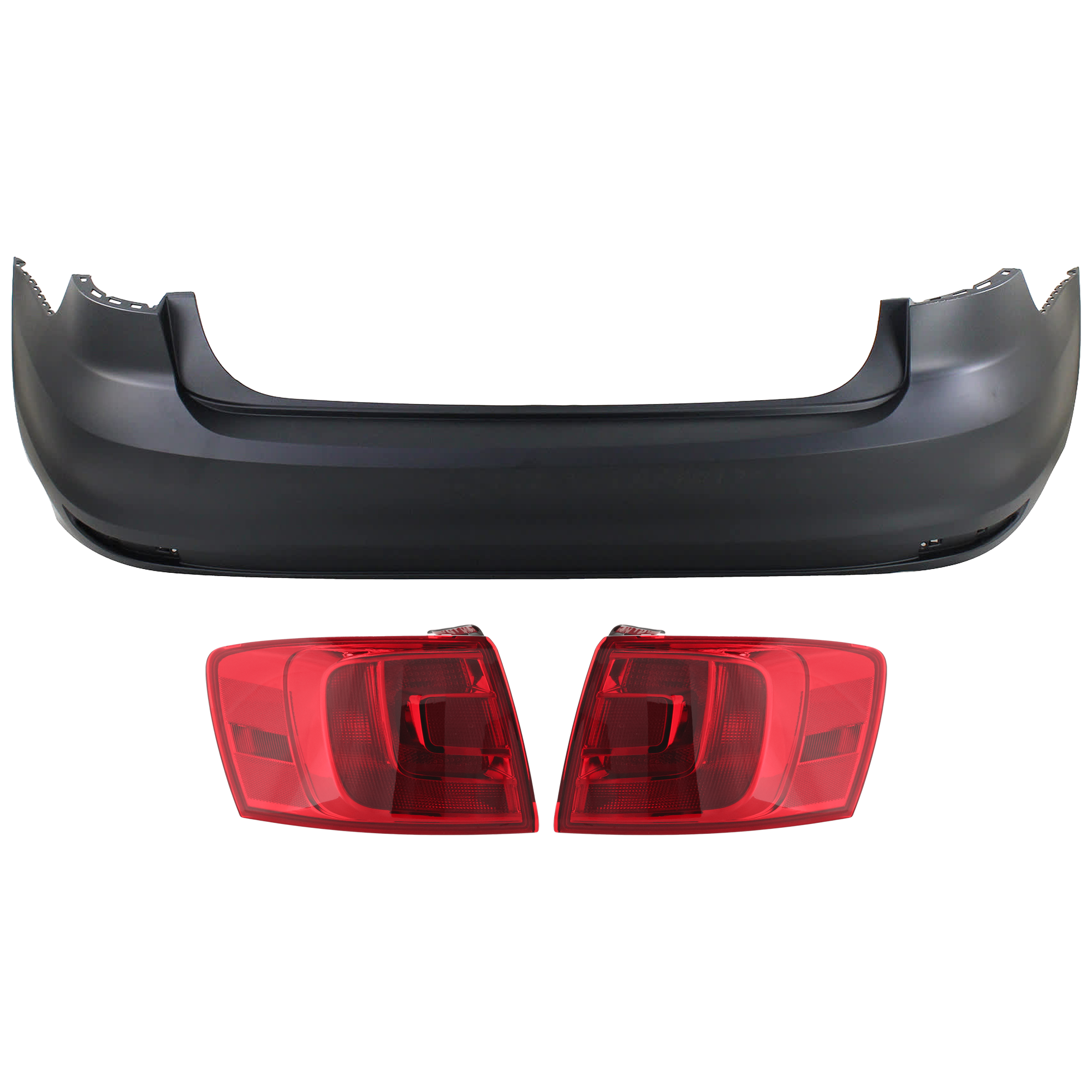AM JETTA 15-18 REAR BUMPER COVER 3 pc Kit Primed w o Parking Aid Sensor Holes with Tail Light SKU KIT 081526 GB322 Partslink VW1100208 VW2805107 VW2804107 OEM 5C6807421HGRU 5C6945096D 5C694