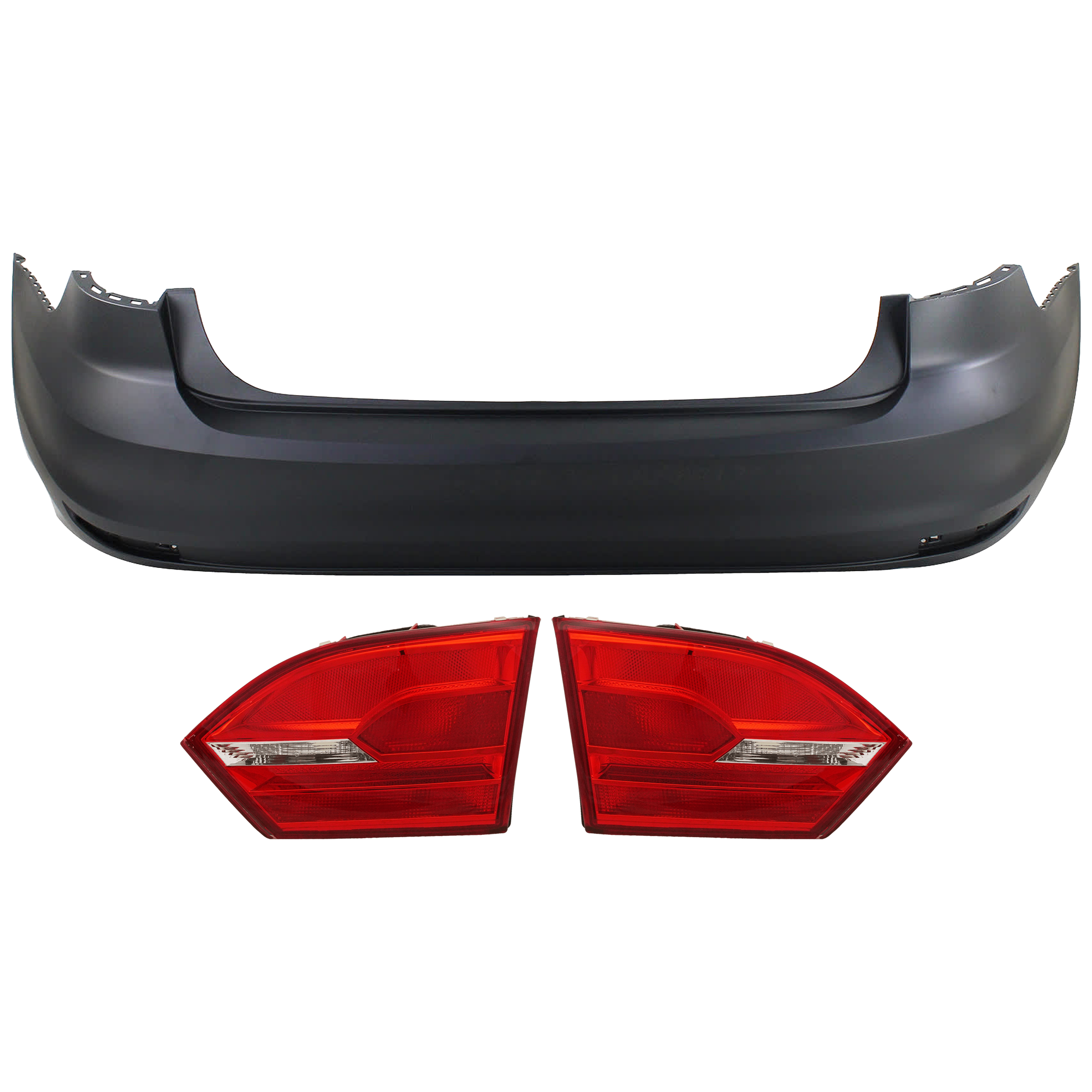 AM JETTA 15-18 REAR BUMPER COVER 3 pc Kit Primed w o Parking Aid Sensor Holes with Tail Light SKU KIT 081526 GB323 Partslink VW1100208 VW2803103 VW2802103 OEM 5C6807421HGRU 5C6945094-5C6945