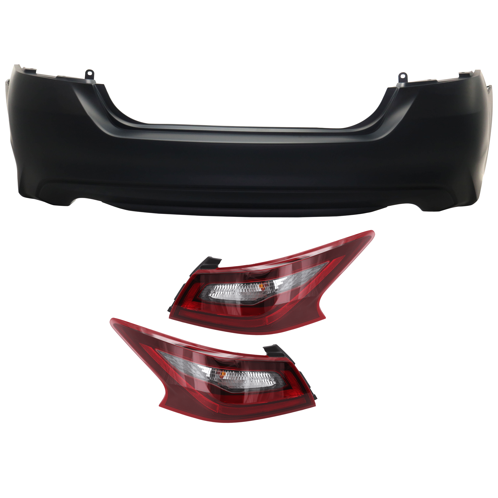 AM ALTIMA 16-18 REAR BUMPER COVER 3 pc Kit Textured w o License Plate Provision Tow Hook Hole and Parking Aid Sensor Holes with Tail Light SKU KIT 081526 GB325 Partslink NI2805111 NI2804111 OEM 850229HS0H PFM 265509HS1A 2655