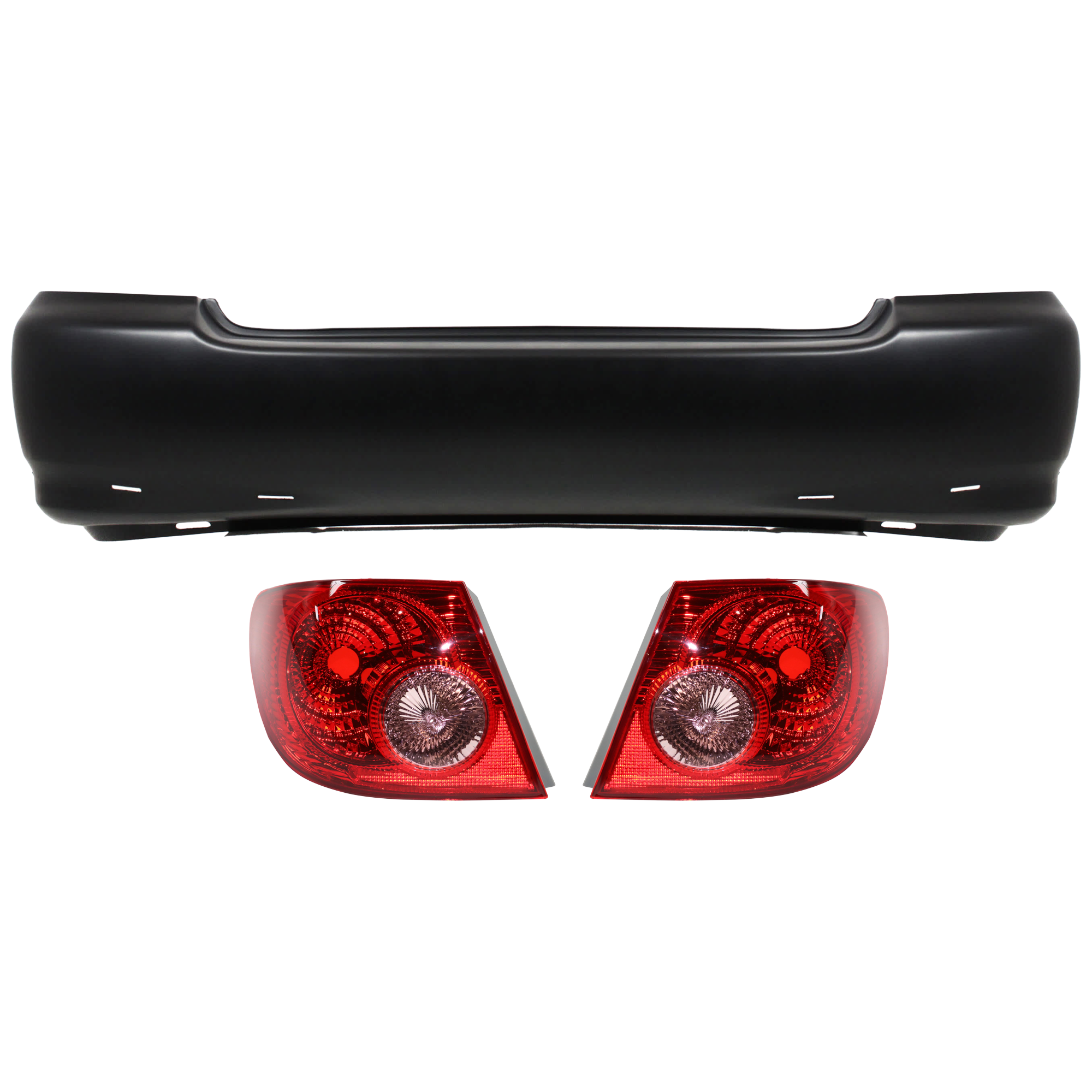 AM COROLLA 05-08 REAR BUMPER COVER 3 pc Kit Primed w Spoiler Holes w o License Plate Provision Tow Hook Hole and Parking Aid Sensor Holes with Tail Light SKU KIT 081526 GB334 OEM 5215902912-8155002290 PFM 8156
