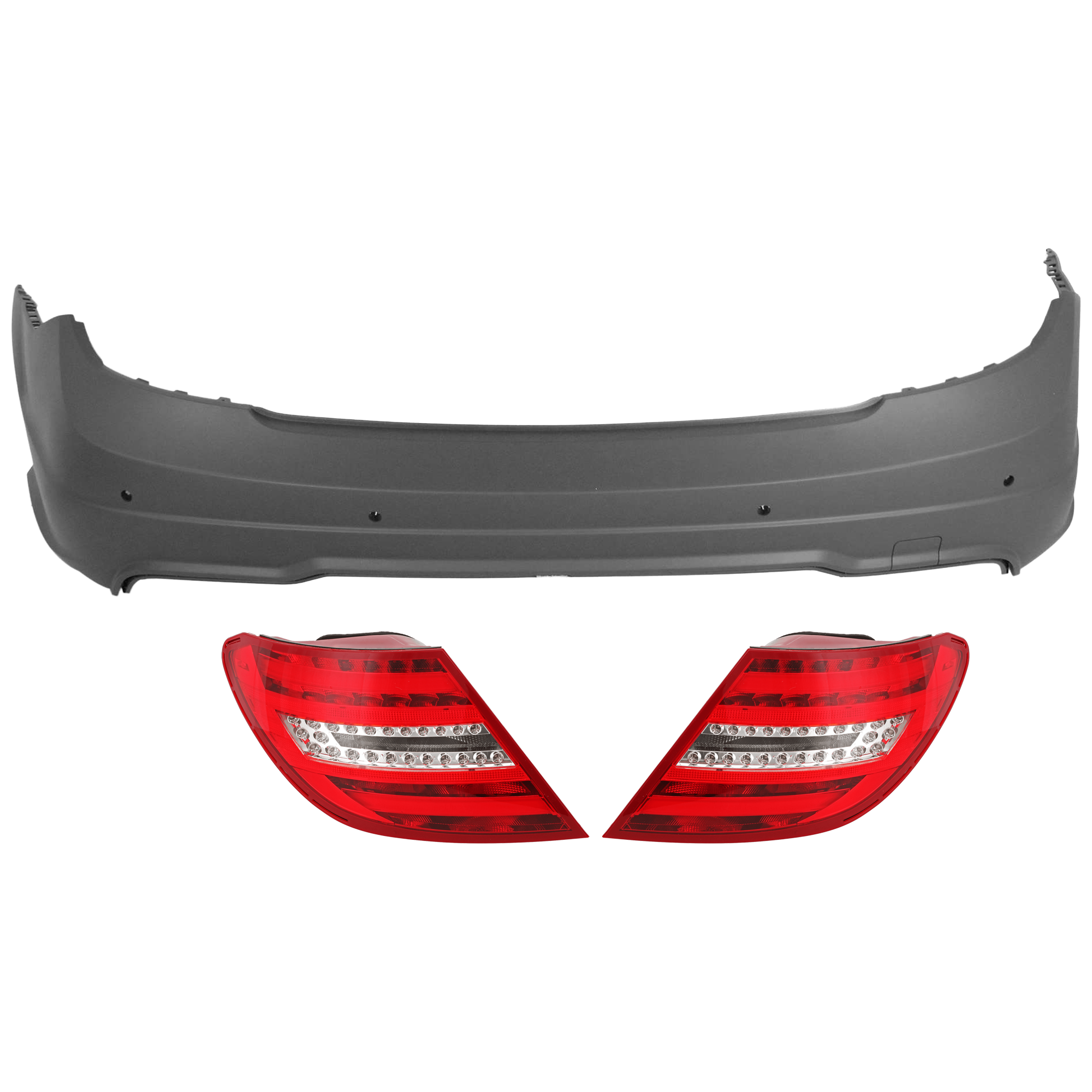 AM C250 C350-12-15 REAR BUMPER COVER 3 pc Kit Primed w Tow Hook Hole and Parking Aid Sensor Holes w o License Plate Provision with Tail Light SKU KIT 081526 GB341 Partslink MB1100288 MB2801135 MB2800135 OEM 20488093479999-2049060703-2049