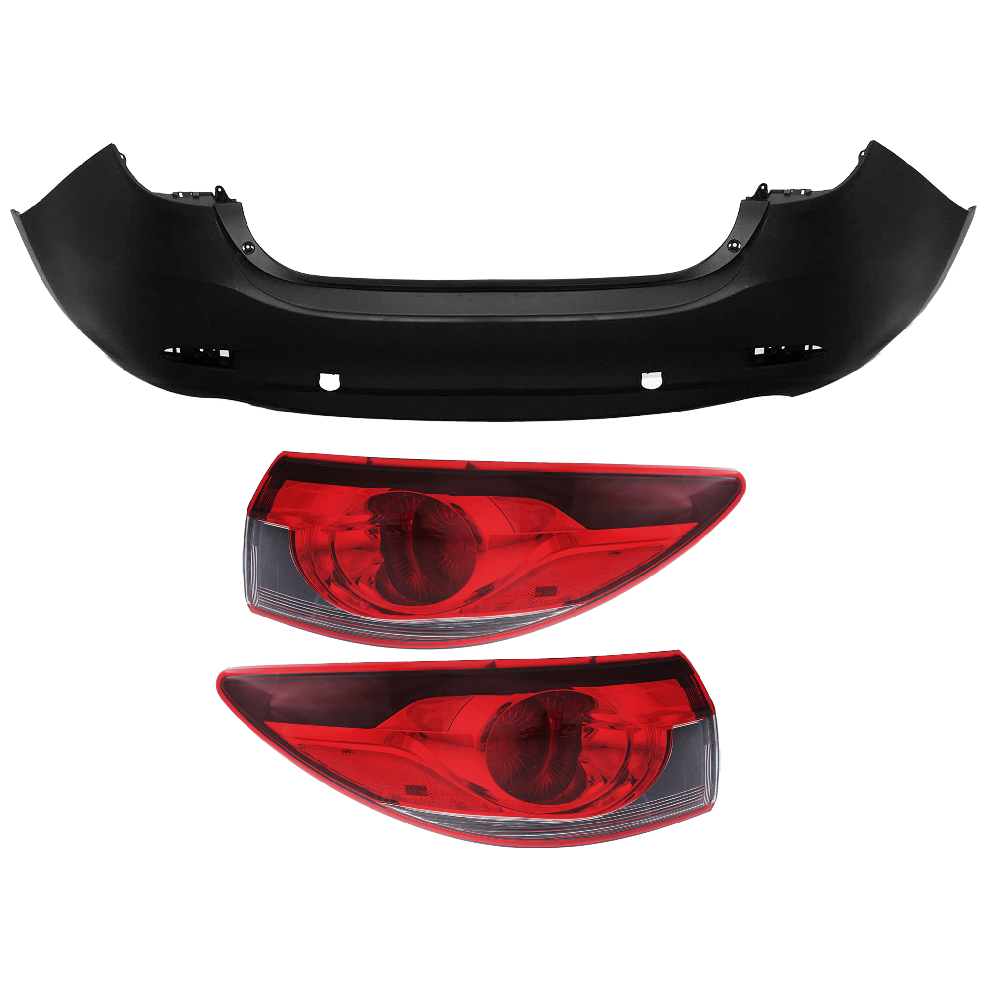 AM MAZDA 6-14-17 REAR BUMPER COVER 3 pc Kit Primed Upper Textured Lower w Tow Hook Hole w o License Plate Provision and Parking Aid Sensor Holes with Tail Light SKU KIT 081526 GB345 Partslink MA1100211 MA2805113 MA2804113 OEM GJR950221ABB GJR951150A GJR951