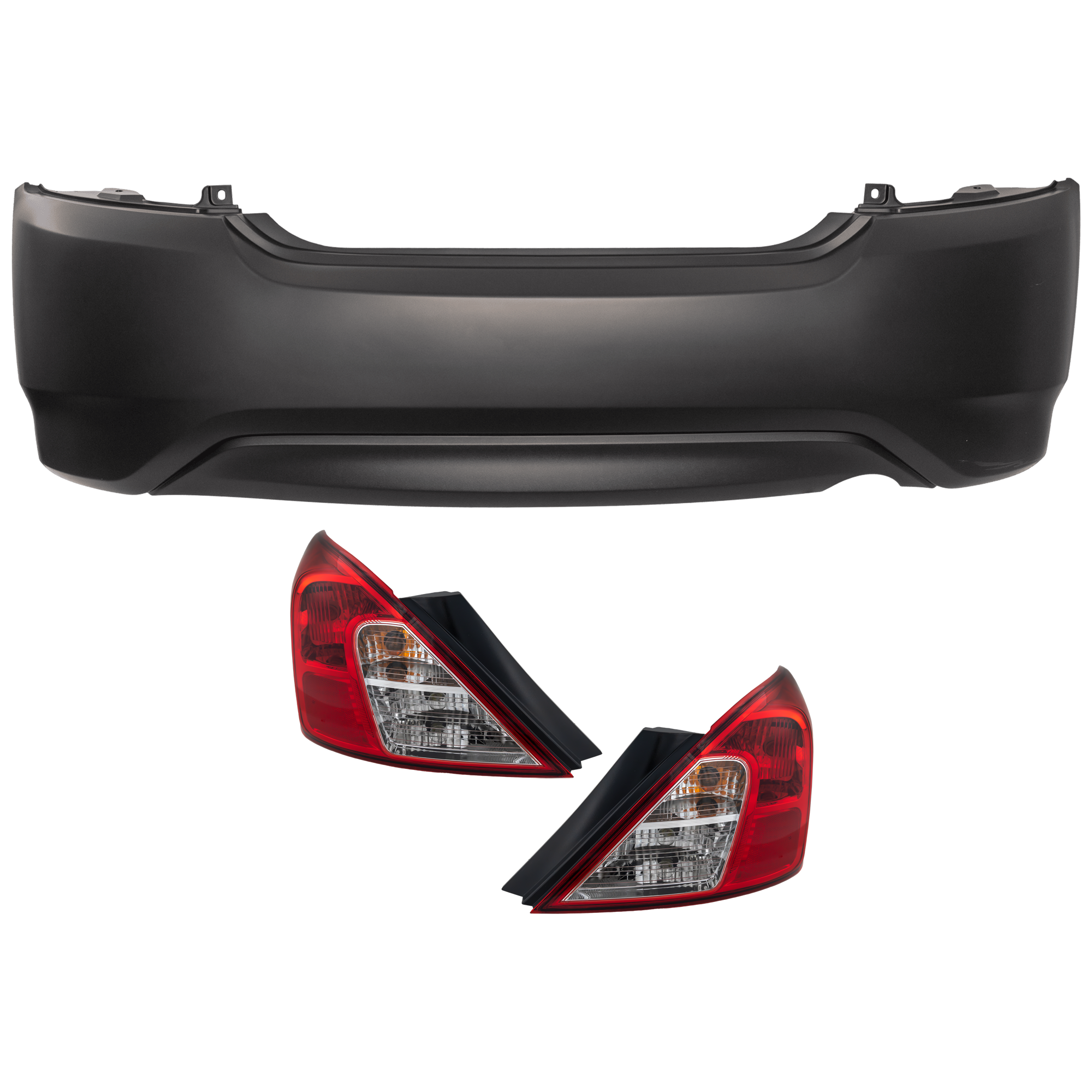 AM VERSA 15-19 REAR BUMPER COVER 3 pc Kit Primed w o Tow Hook Hole and Parking Aid Sensor Holes with Tail Light SKU KIT 081526 GB357 Partslink NI1100297 NI2801194 NI2800194 OEM HEM229KM0J 265503AN0A 265553AN
