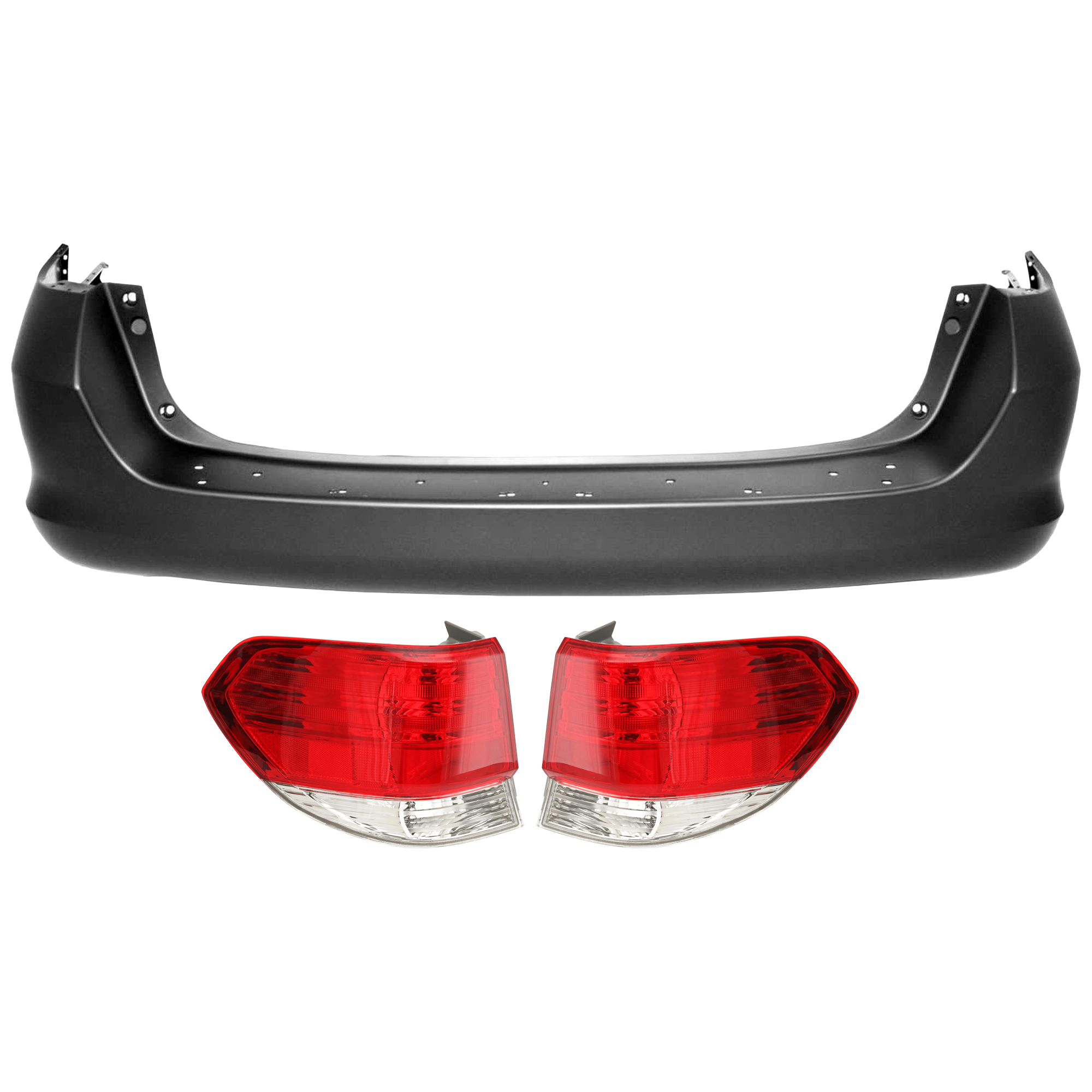 AM ODYSSEY 08-10 REAR BUMPER COVER 3 pc Kit Primed w o License Plate Provision Tow Hook Hole and Parking Aid Sensor Holes with Tail Light SKU KIT 081526 GB362 Partslink HO1100220 HO2819134 HO2818134 OEM 04715SHJA92ZZ 33501SHJA51-3355