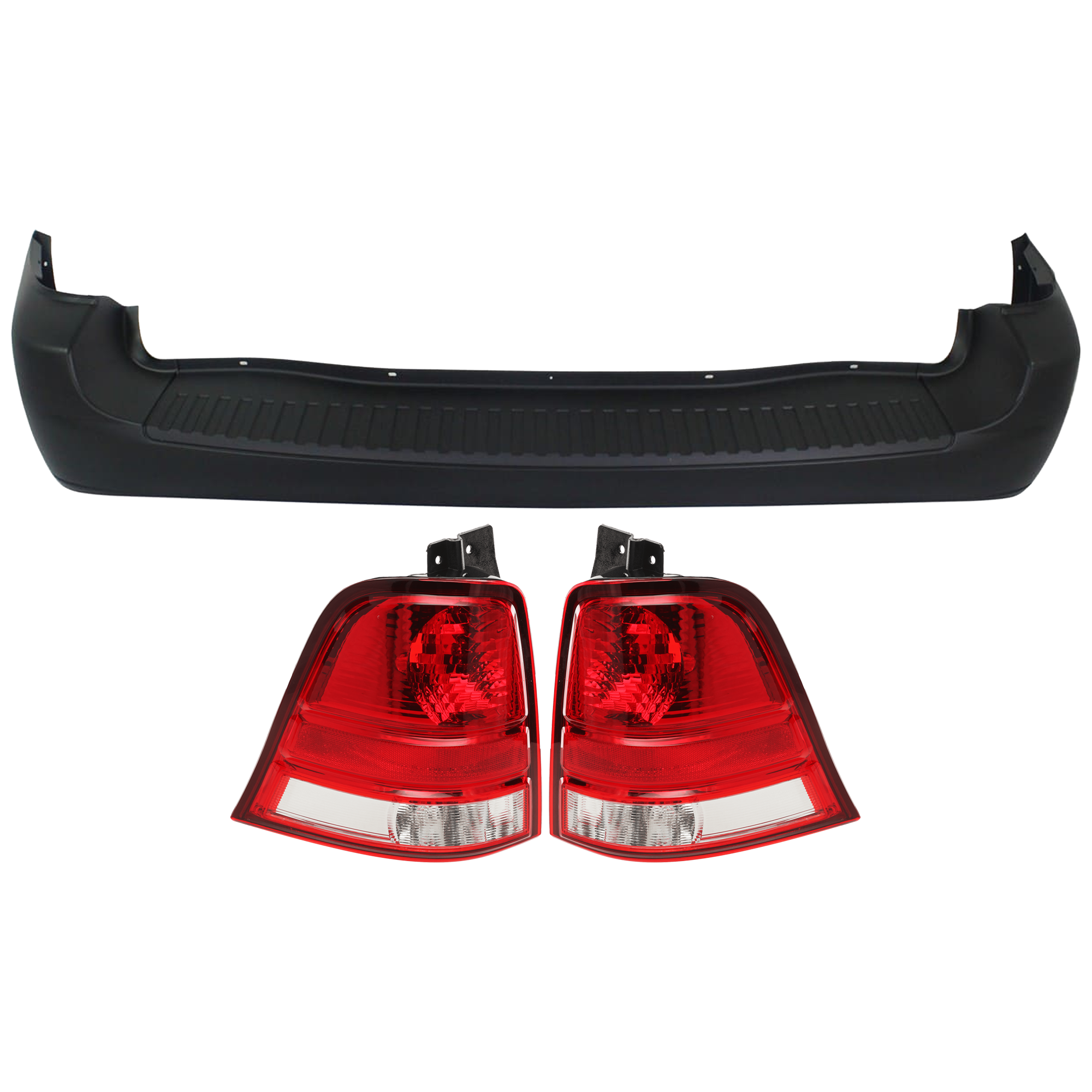 AM FREESTAR 04-07 REAR BUMPER COVER 3 pc Kit Primed w o License Plate Provision Tow Hook Hole and Parking Aid Sensor Holes with Tail Light SKU KIT 081526 GB378 Partslink FO1100365 FO2801183 OEM 3F2Z17K835SAA 6F2Z13404AA PFM