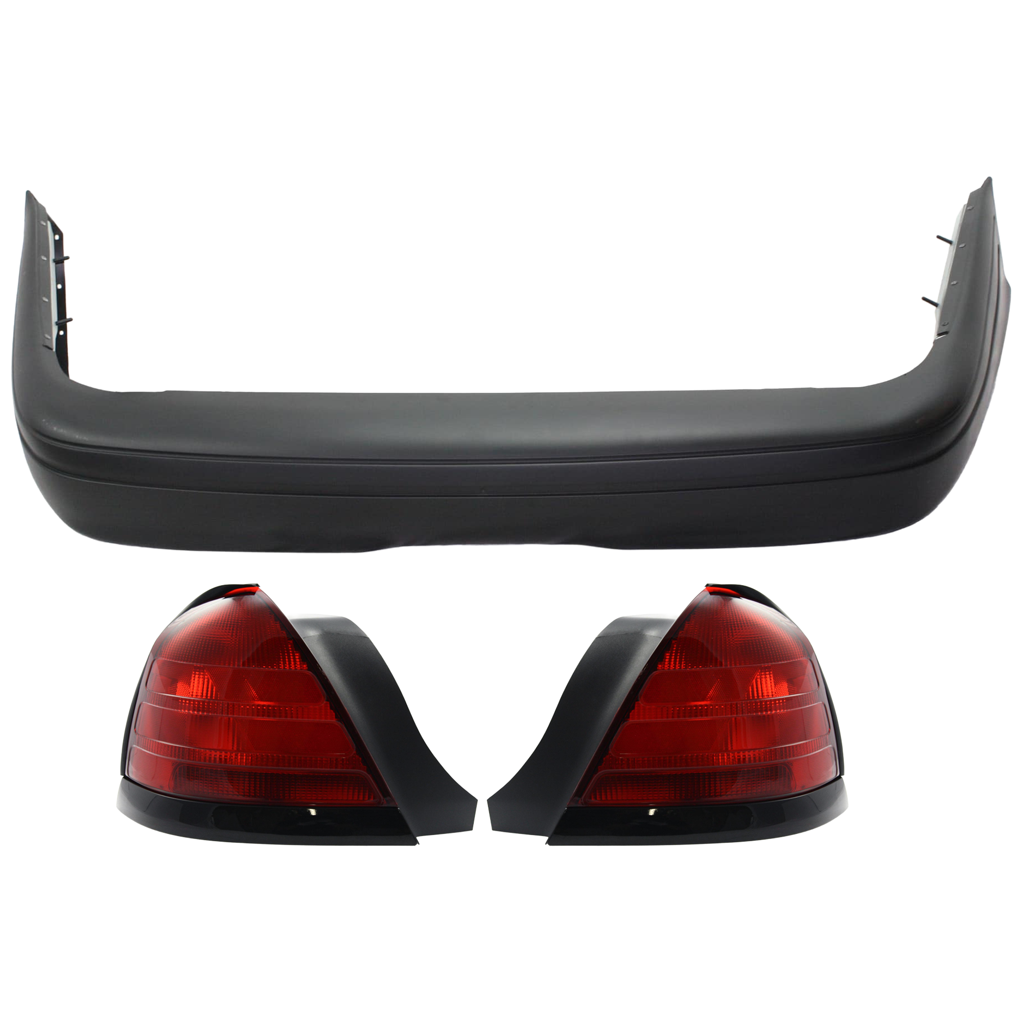 AM CROWN VICTORIA 06-11 REAR BUMPER COVER 3 pc Kit Primed w o License Plate Provision Tow Hook Hole and Parking Aid Sensor Holes with Tail Light SKU KIT 081526 GB380 Partslink FO1100600 FO2801160 FO2800160 OEM 6W7Z17K835APTM 8W7Z13404A 8W7Z