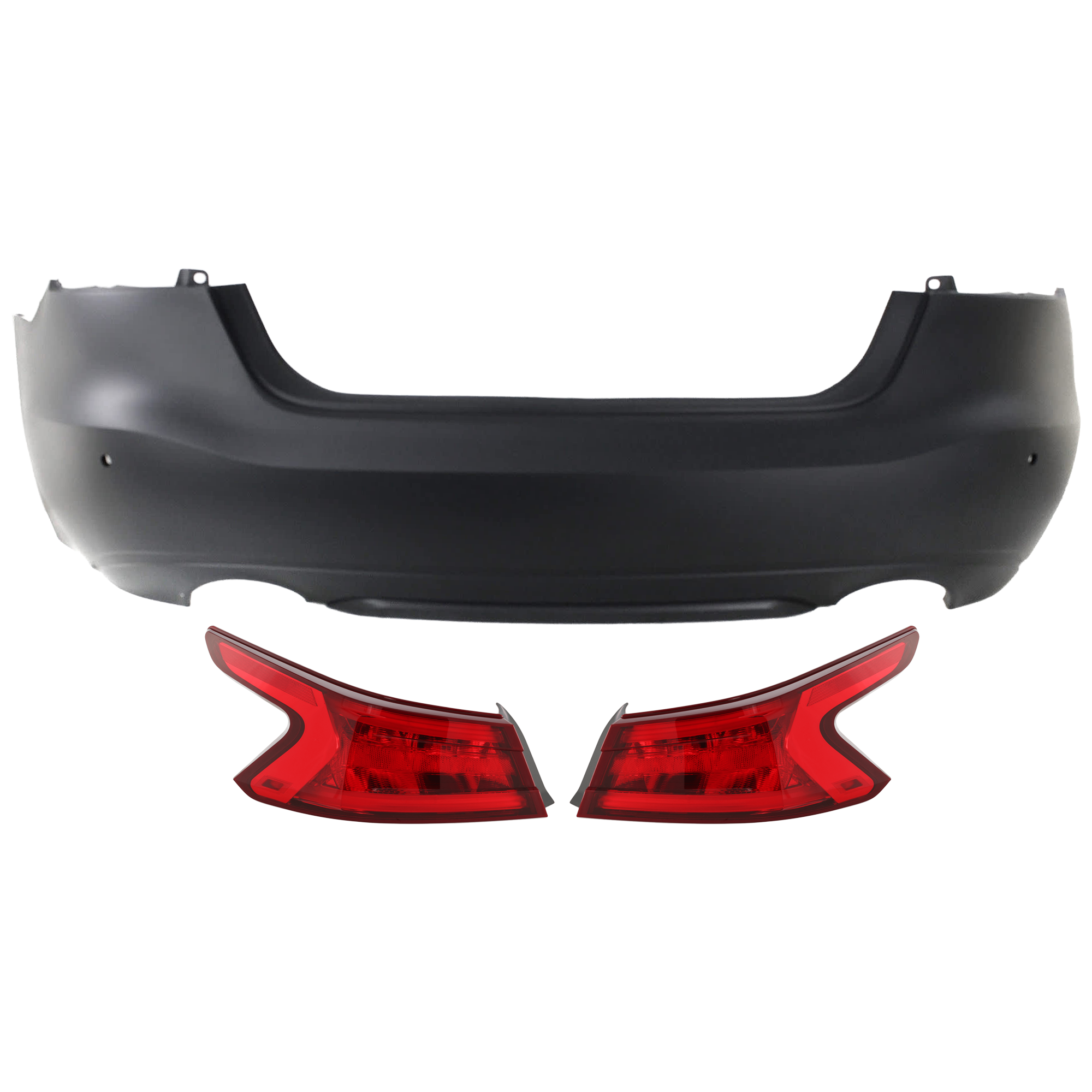 AM MAXIMA 16-18 REAR BUMPER COVER 3 pc Kit Primed w Parking Aid Sensor Holes w o License Plate Provision and Tow Hook Hole with Tail Light SKU KIT 081526 GB387 Partslink NI1100308 NI2805104 NI2804104 OEM 850224RB0H 265504RA2A 265554RA