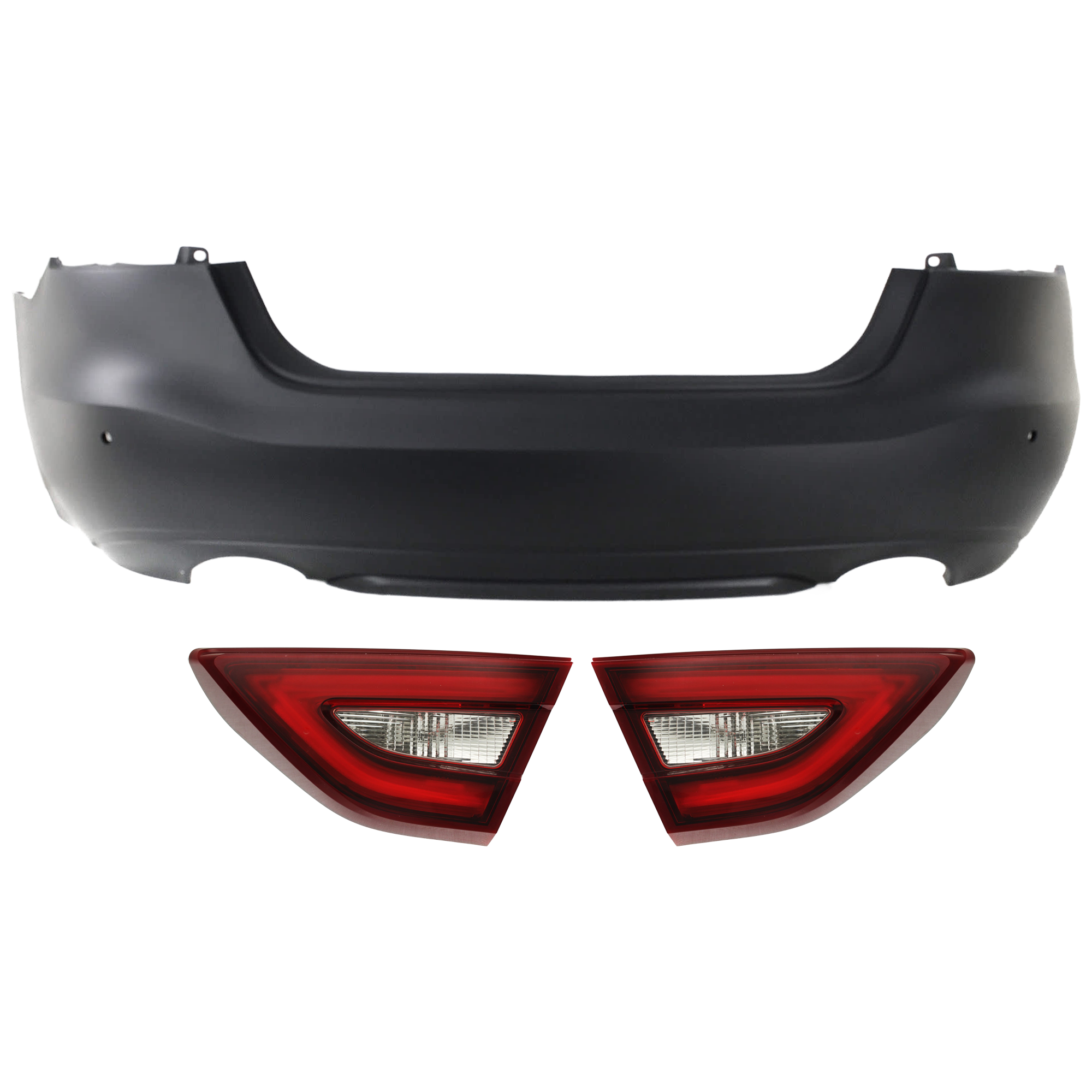 AM MAXIMA 16-18 REAR BUMPER COVER 3 pc Kit Primed w Parking Aid Sensor Holes w o License Plate Provision and Tow Hook Hole with Tail Light SKU KIT 081526 GB388 Partslink NI1100308 NI2803105 NI2802105 OEM 850224RB0H 265404RA1A 265454RA