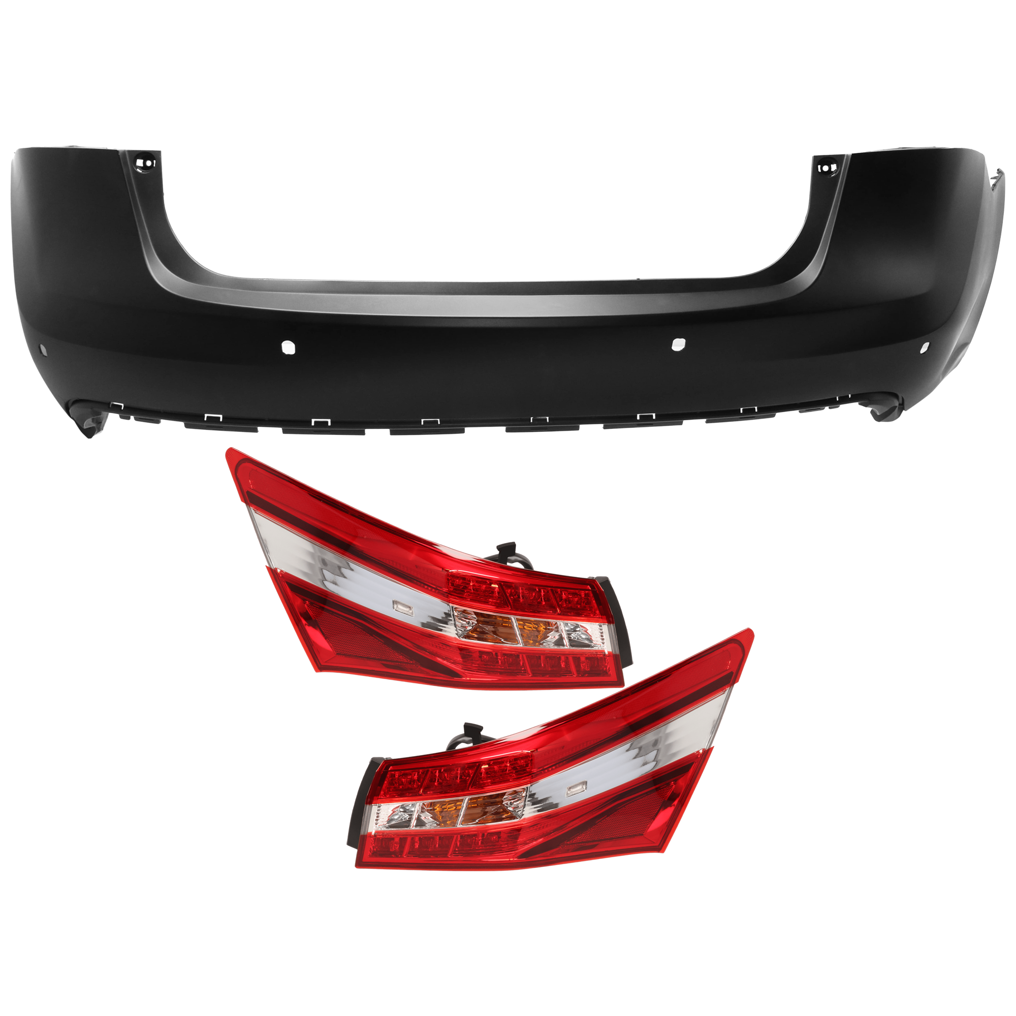 AM AVALON 13-15 REAR BUMPER COVER Upper 3 pc Kit Primed w License Plate Provision and Parking Aid Sensor Holes w o Tow Hook Hole with Tail Light SKU KIT 081526 GB389 Partslink TO1100331 TO2805117 TO2804117 OEM 5215907902-8155007070-81560070