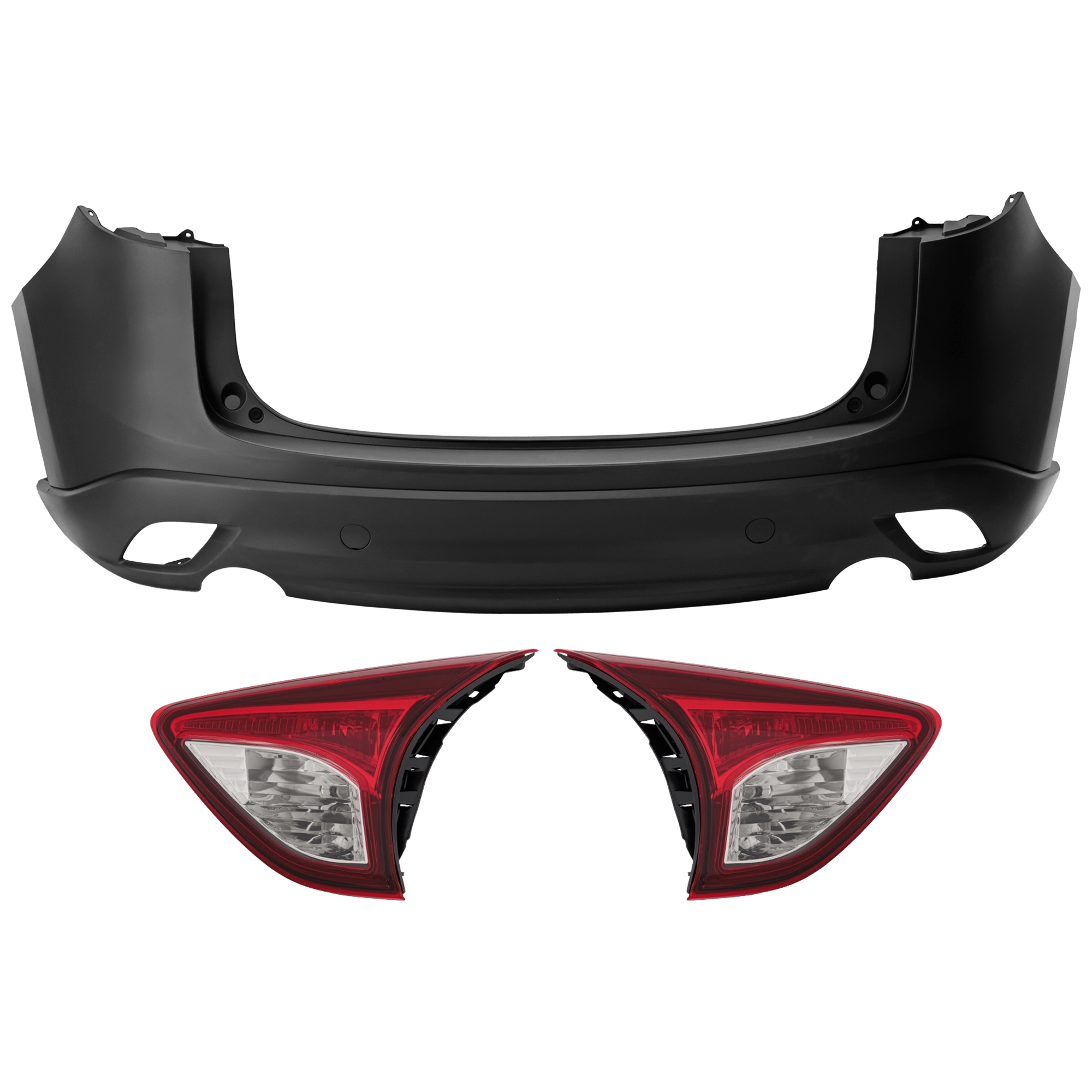 AM CX 5-13-16 REAR BUMPER COVER 3 pc Kit Primed w o Parking Aid Sensor Holes with Tail Light SKU KIT 081526 GB390 Partslink MA1100210 MA2803108 MA2802108 OEM KDY75022XD9U KD53513F0E KD5351