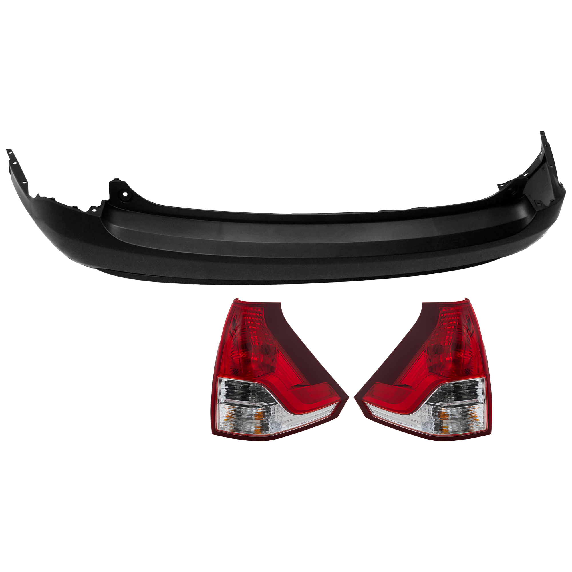 AM CR V 12-14 REAR BUMPER COVER Lower 3 pc Kit Textured w o Parking Aid Sensor Holes with Tail Light SKU KIT 081526 GB393 Partslink HO1115102 HO2801183 HO2800183 OEM 04715T0AA90-33500T0AA01-33550T