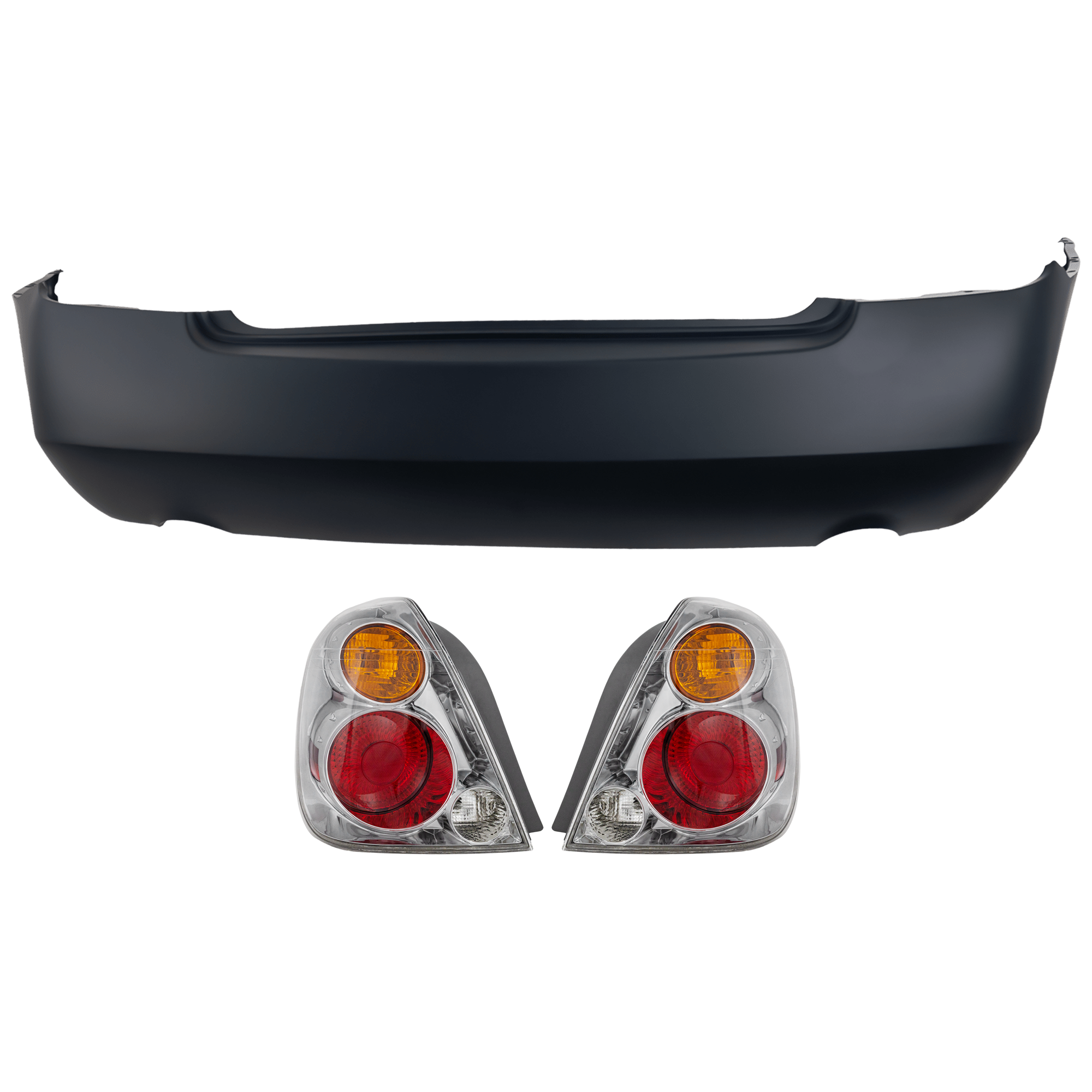 AM ALTIMA 02-04 REAR BUMPER COVER 3 pc Kit Primed w o License Plate Provision Tow Hook Hole and Parking Aid Sensor Holes with Tail Light SKU KIT 081526 GB417 Partslink NI1100226 NI2801154 NI2800154 OEM 850228J140-265508J025-265558J0