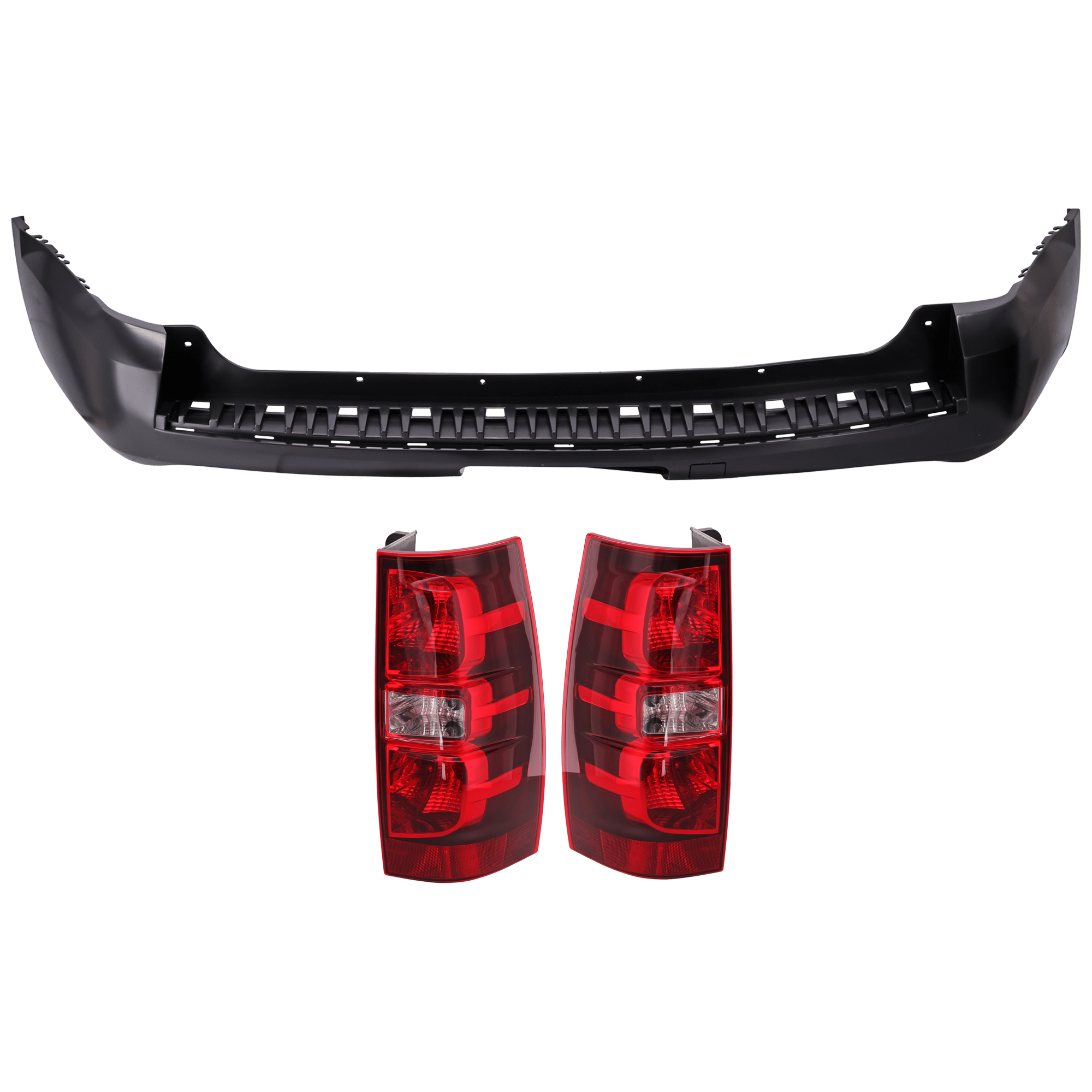 AM TAHOE 07-14 REAR BUMPER COVER 3 pc Kit Primed w Tow Hook Hole w o License Plate Provision and Parking Aid Sensor Holes with Tail Light SKU KIT 081526 GB418 Partslink GM1100785 GM2801196 GM2800196 OEM 20951794-22837924-22837923