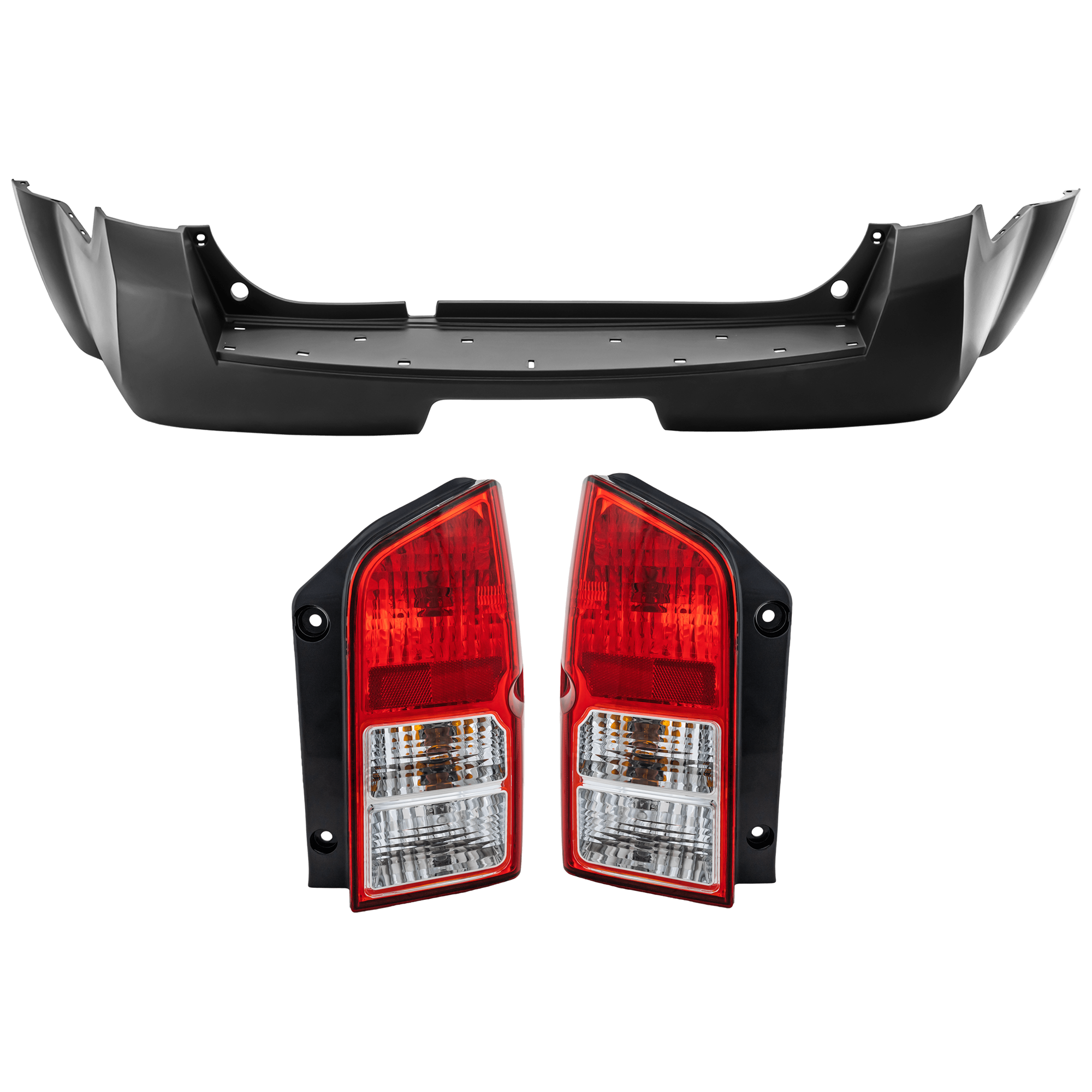AM PATHFINDER 08-12 REAR BUMPER COVER 3 pc Kit Primed w o Parking Aid Sensor Holes with Tail Light SKU KIT 081526 GB424 Partslink NI1100256 NI2801172 NI2800172 OEM 85022ZS00E 26550EA525-26555EA5