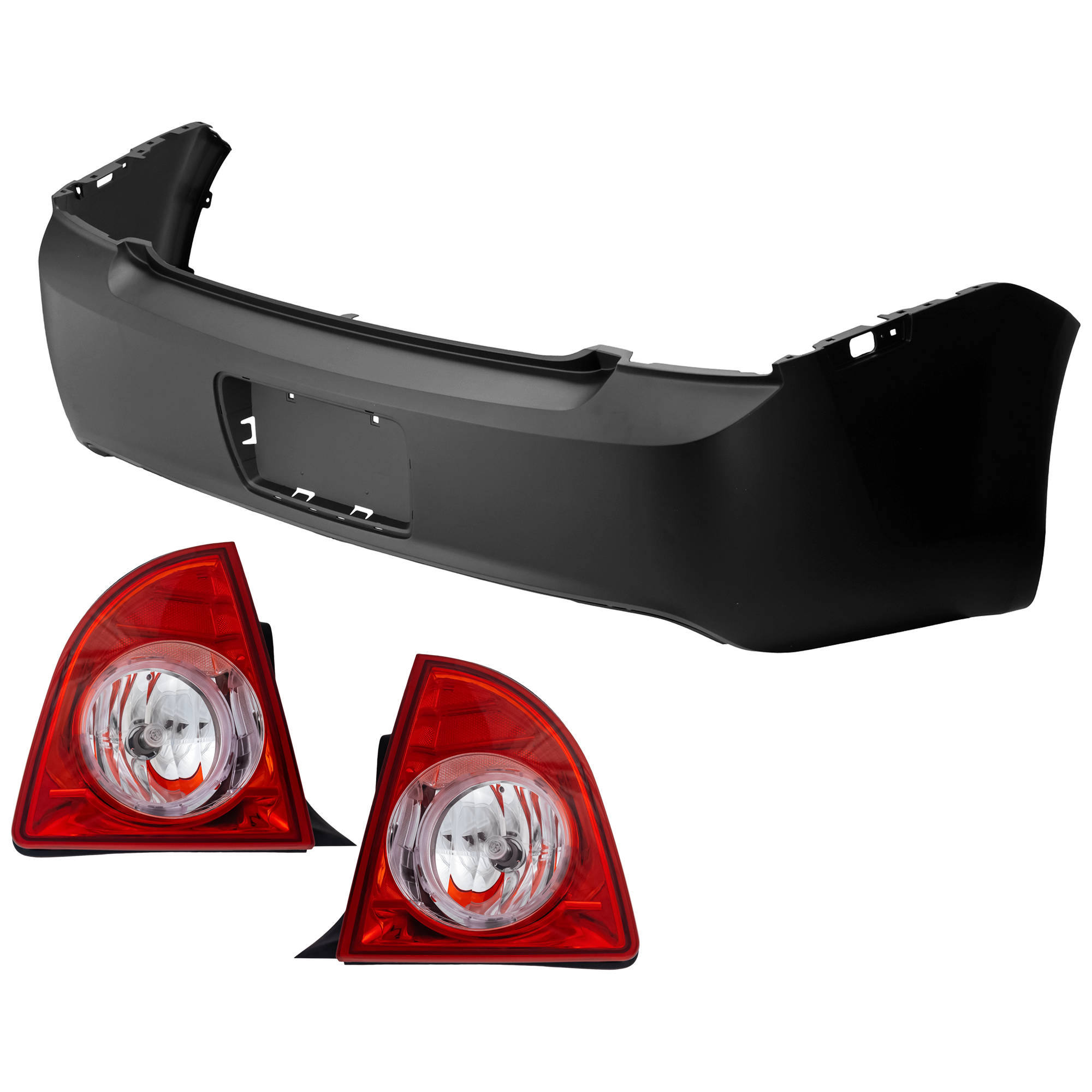 AM MALIBU 08-12 REAR BUMPER COVER 3 pc Kit Primed w License Plate Provision w o Tow Hook Hole and Parking Aid Sensor Holes with Tail Light SKU KIT 081526 GB432 Partslink GM1100816 GM2819185 GM2818185 OEM 25919219-25879095-25879096