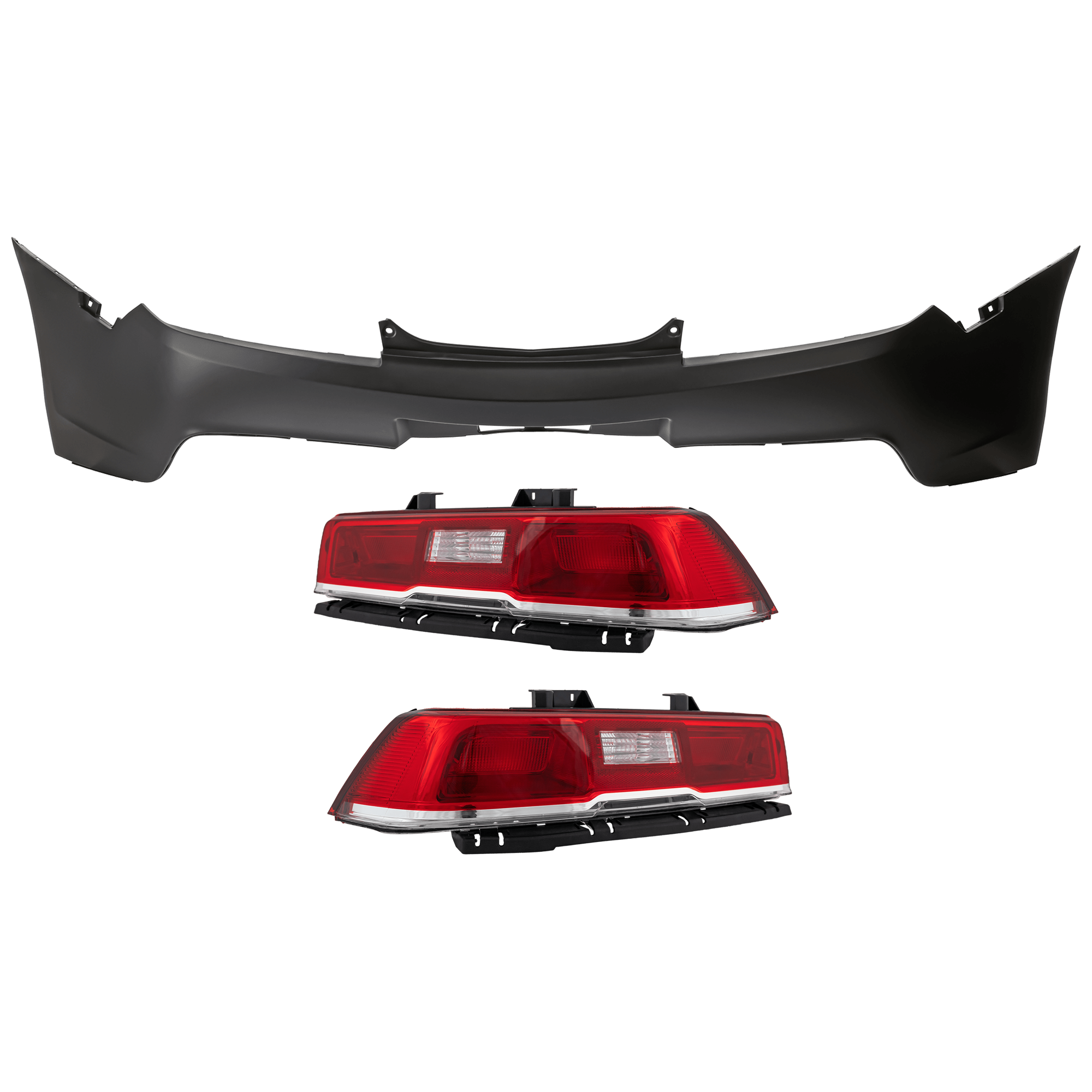 AM CAMARO 14-15 REAR BUMPER COVER 3 pc Kit Primed w o License Plate Provision Tow Hook Hole and Parking Aid Sensor Holes with Tail Light SKU KIT 081526 GB440 Partslink GM1114106 GM2801265 GM2800265 OEM 23164146-23489170-23256981