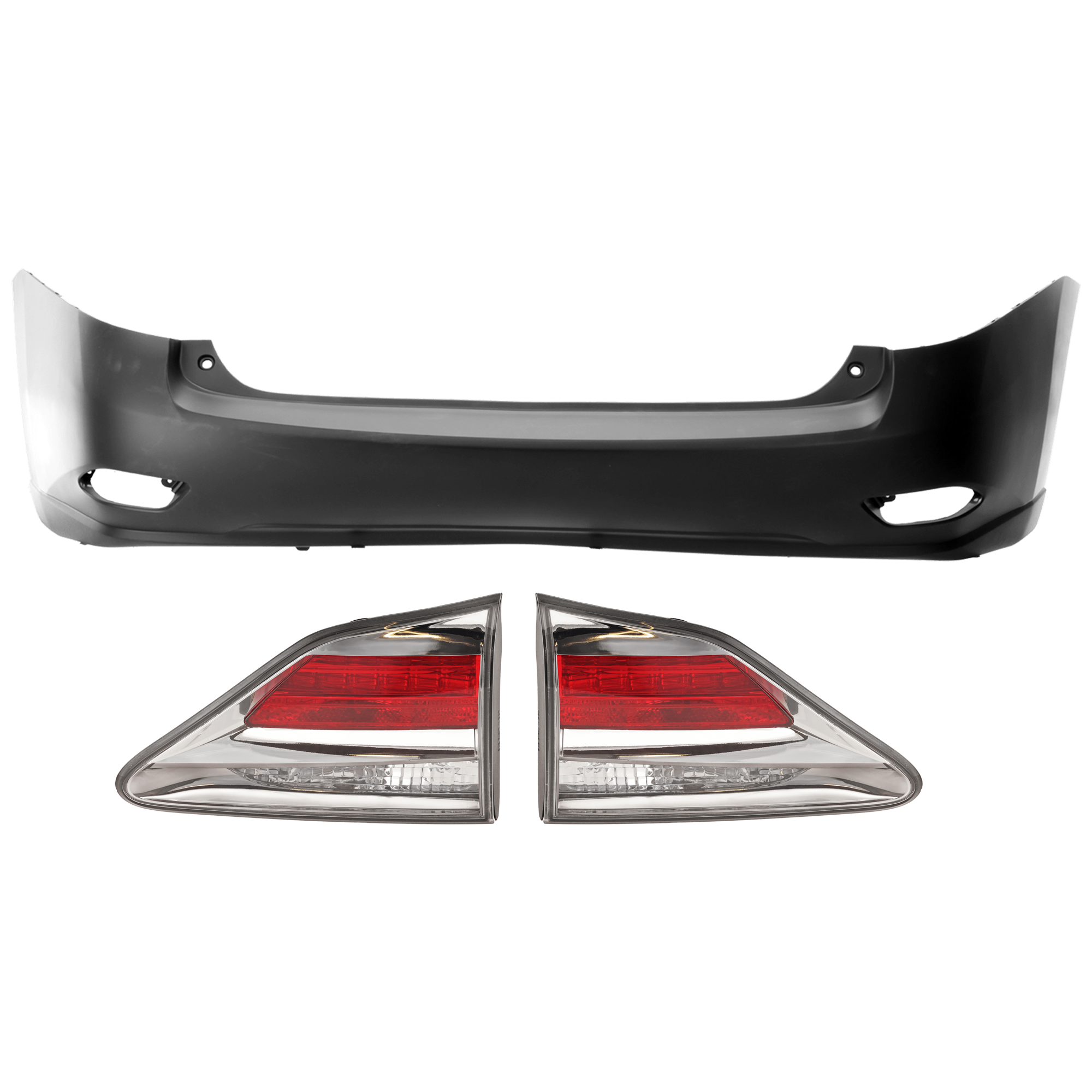 AM RX350 RX450H 13-15 REAR BUMPER COVER 3 pc Kit Primed w o License Plate Provision Tow Hook Hole and Parking Aid Sensor Holes with Tail Light SKU KIT 081526 GB458 Partslink LX1100142 LX2803105 LX2802105 OEM 521050E902-815800E040-815900E0