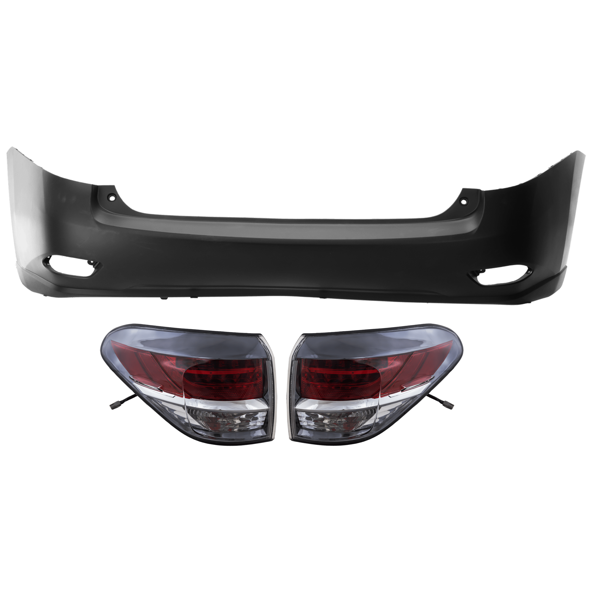 AM RX350 RX450H 13-15 REAR BUMPER COVER 3 pc Kit Primed w o License Plate Provision Tow Hook Hole and Parking Aid Sensor Holes with Tail Light SKU KIT 081526 GB459 Partslink LX1100142 LX2805112 LX2804112 OEM 521050E902-815500E090-815600E0