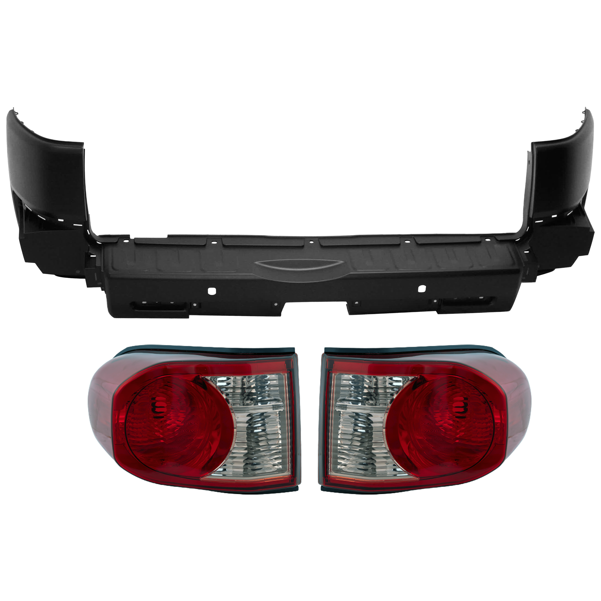 AM FJ CRUISER 07-10 REAR BUMPER COVER 3 pc Kit Textured w Parking Aid Sensor Holes w o License Plate Provision and Tow Hook Hole with Tail Light SKU KIT 081526 GB484 Partslink TO1100250 TO2801169 TO2800169 OEM 5215935220-8155135341-81561353